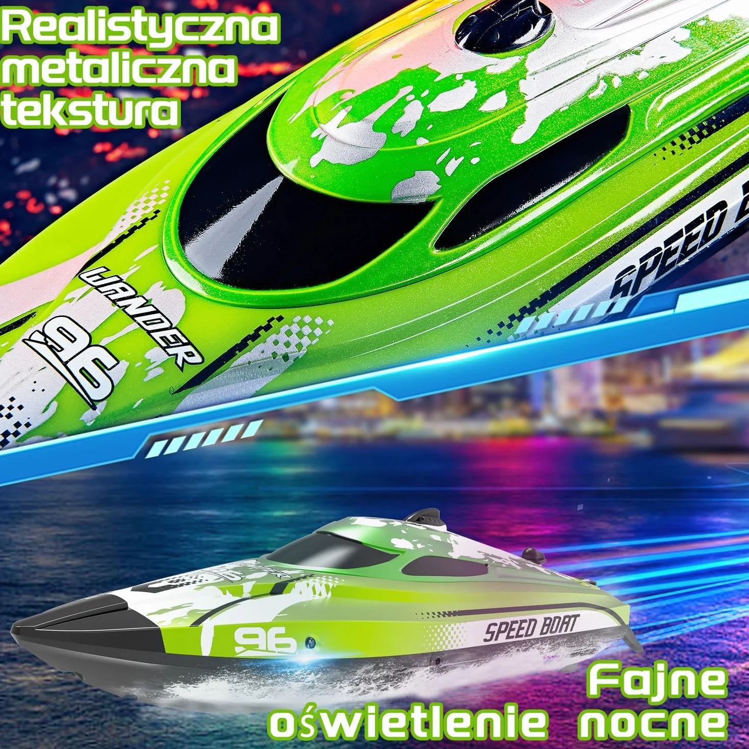 Zdalnie sterowana łódź od 6–8 lat, 25 km/h, łódź RC z oświetleniem LED, regulowana łódź wyścigowa 2,4 GHz, 2 baterie do 40 minut zabawy, zdalnie sterowana łódź wyścigowa dla dorosłych i dzieci