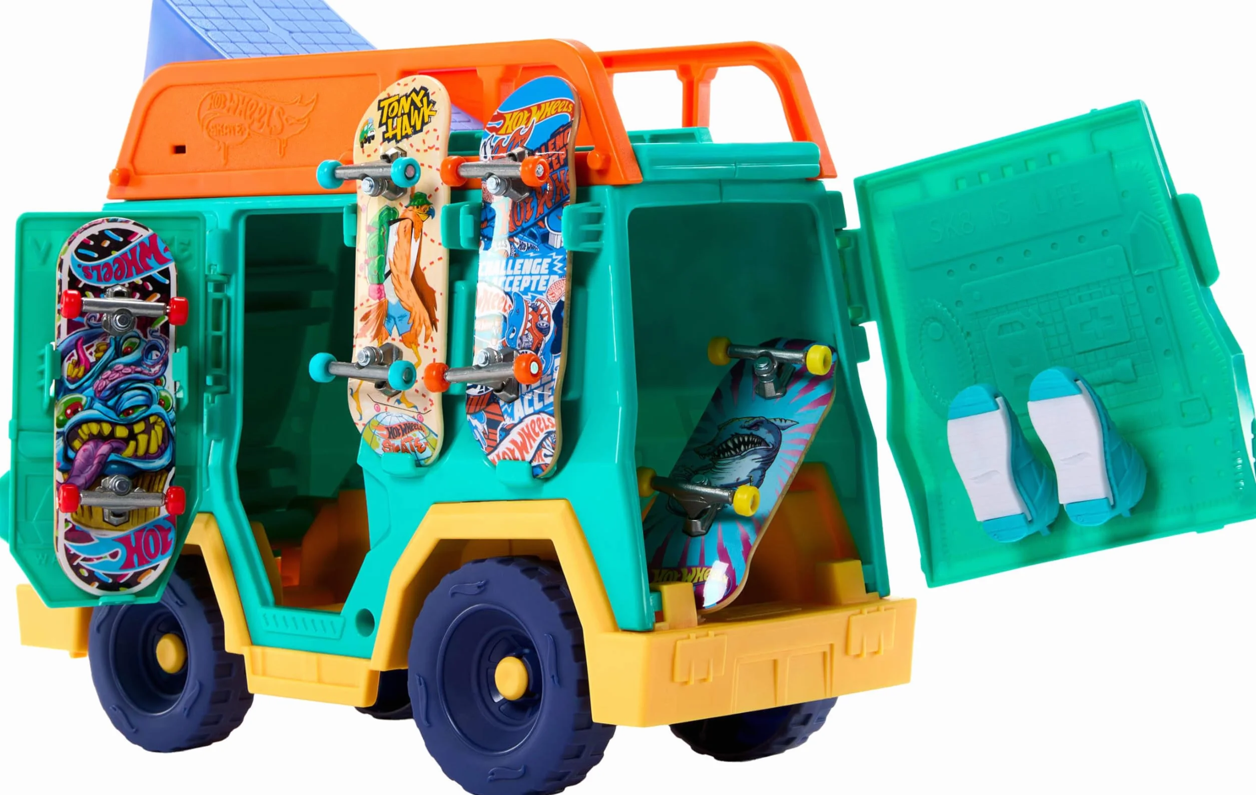 Hot Wheels Skate Van Pojazd i Zestaw 2 w 1 z Deskorolką i Butami na Palce Tony Hawk, Zabawka dla Dzieci JGG91