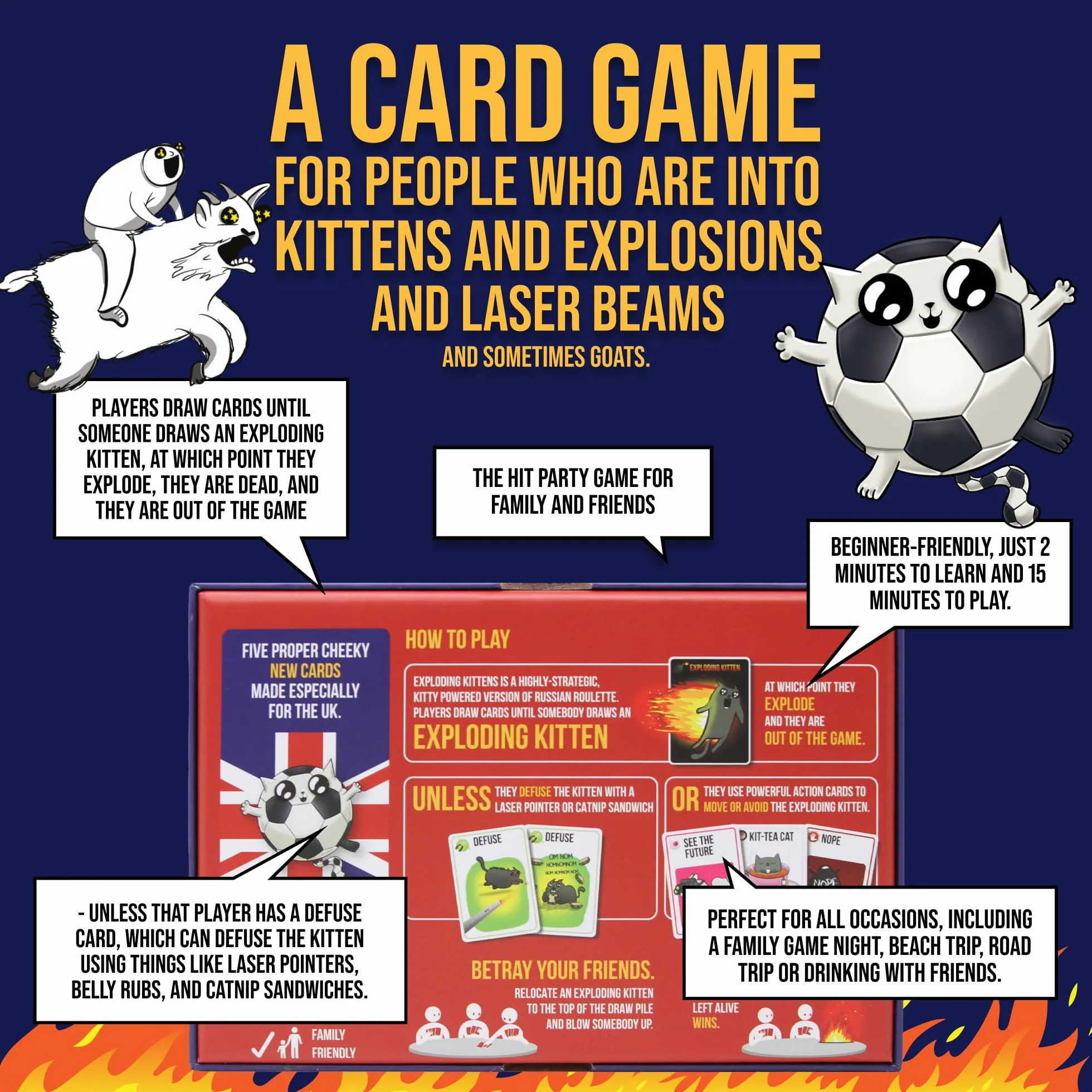 Exploding Kittens UK Edition - Proper Cheeky Fun for British Family Game Nights - Hilarious Card Games for Ages 7 and Up - 56 Cards