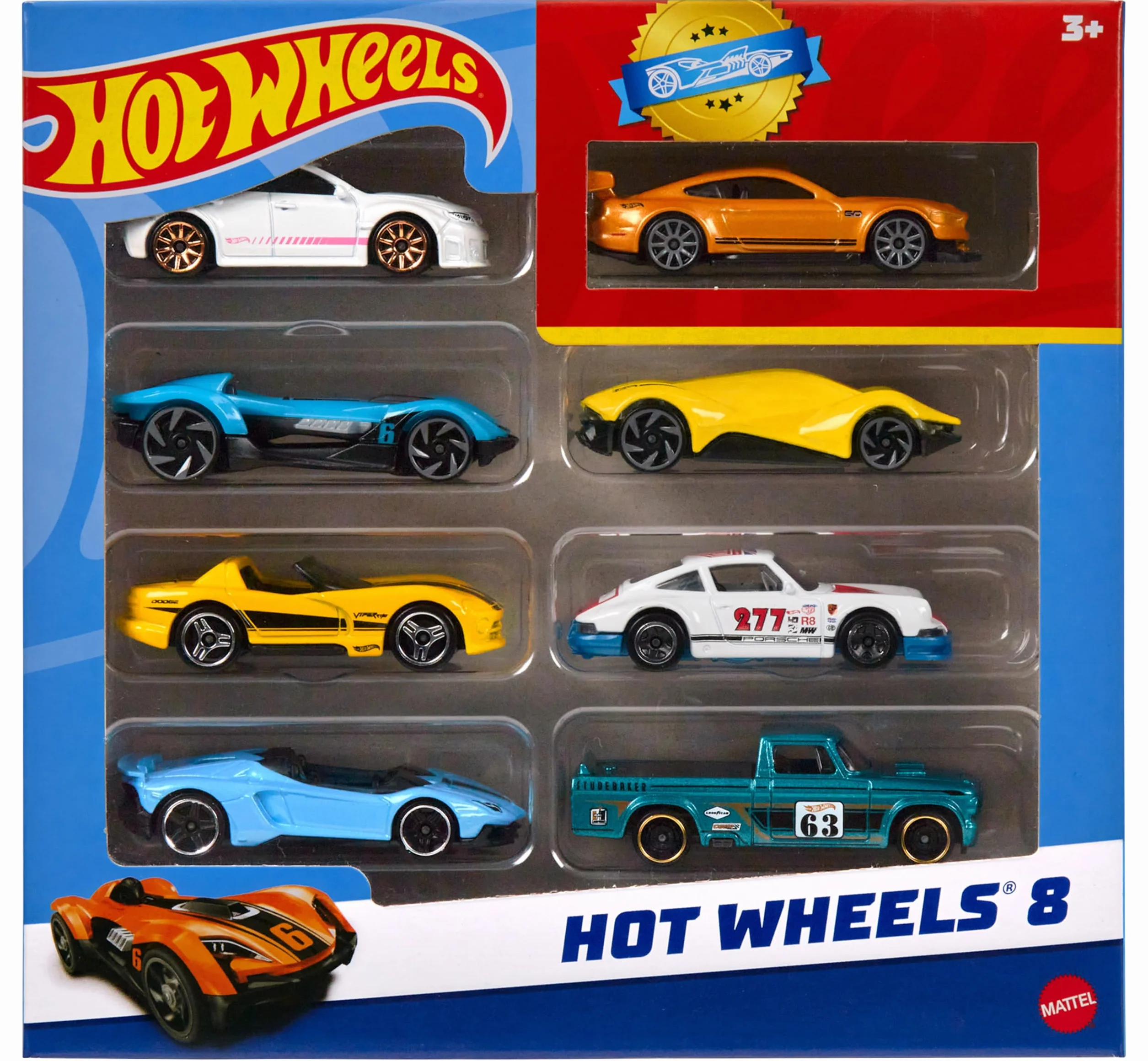 Hot Wheels Zestaw 8 podstawowych pojazdów w skali 1:64, w tym 1 wyjątkowy samochodzik, HPV78