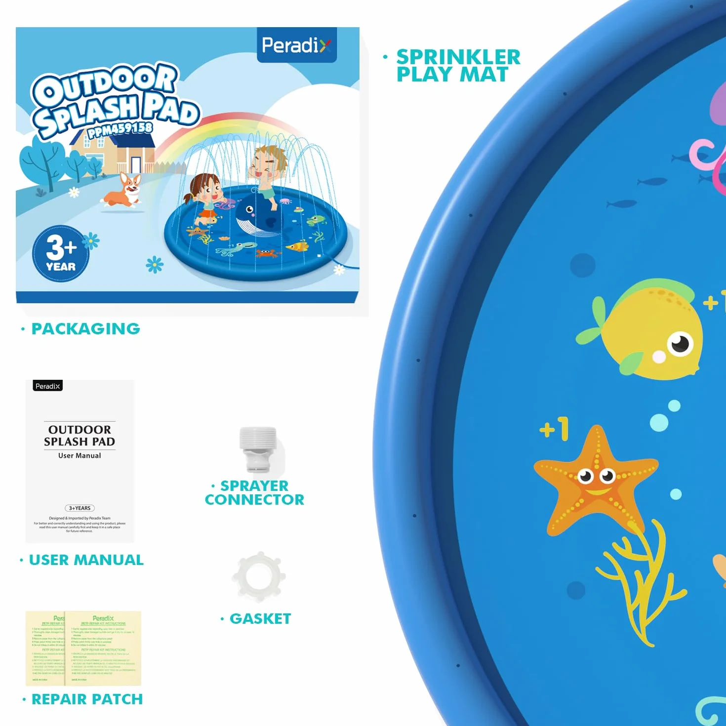 Peradix Splash Pad mata do zabawy, 170 cm, na lato, do ogrodu, zabawka wodna dla dzieci, do zabawy na świeżym powietrzu, dla rodziny, do aktywności na świeżym powietrzu, na imprezę/plażę/dzieci, zwierząt domowych – nie nadmuchiwana