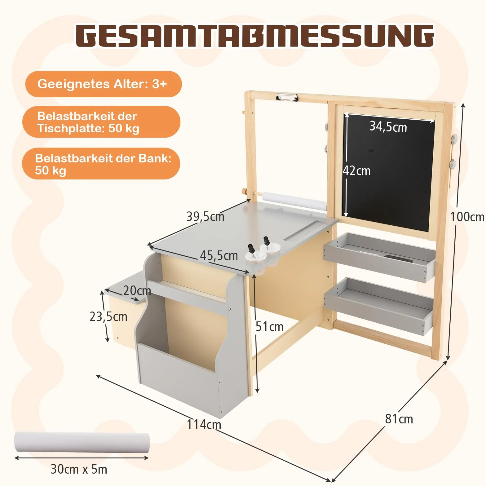 COSTWAY Zestaw sztalugi dla dzieci 6 w 1, drewniana tablica z dwustronną tablicą do pisania kredą, białą tablicą i rolką papierową, tablica dziecięca z regulacją wysokości z ławką, półki dla dzieci od