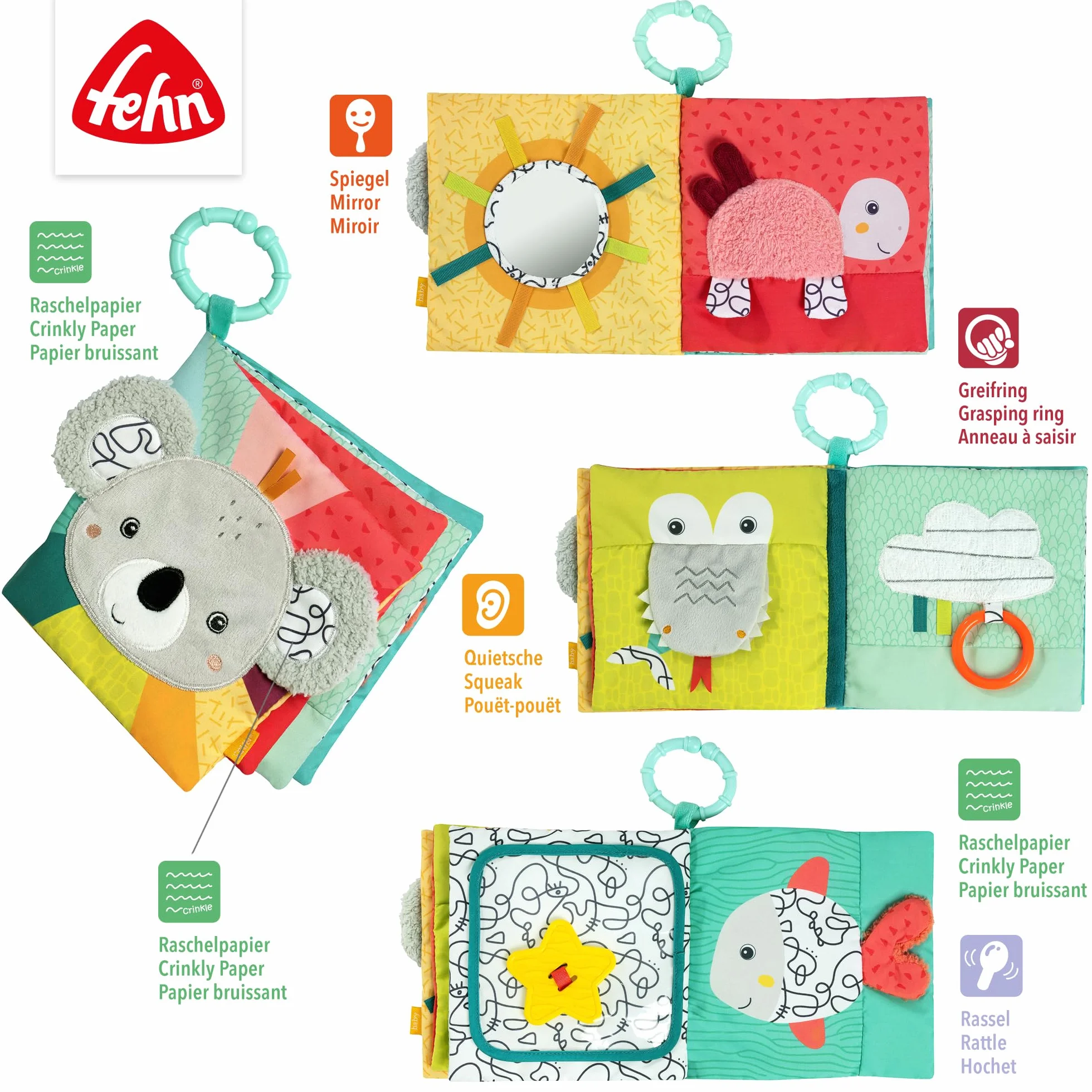 Fehn Stoffbuch Koala – Baby Fühlbuch aus Stoff mit Tier-Motiven: Knisterbuch zum Fühlen, Greifen und Staunen – zum Aufhängen für Kinderwagen und Babyschale – für Babys und Kleinkinder ab 3+ Monaten