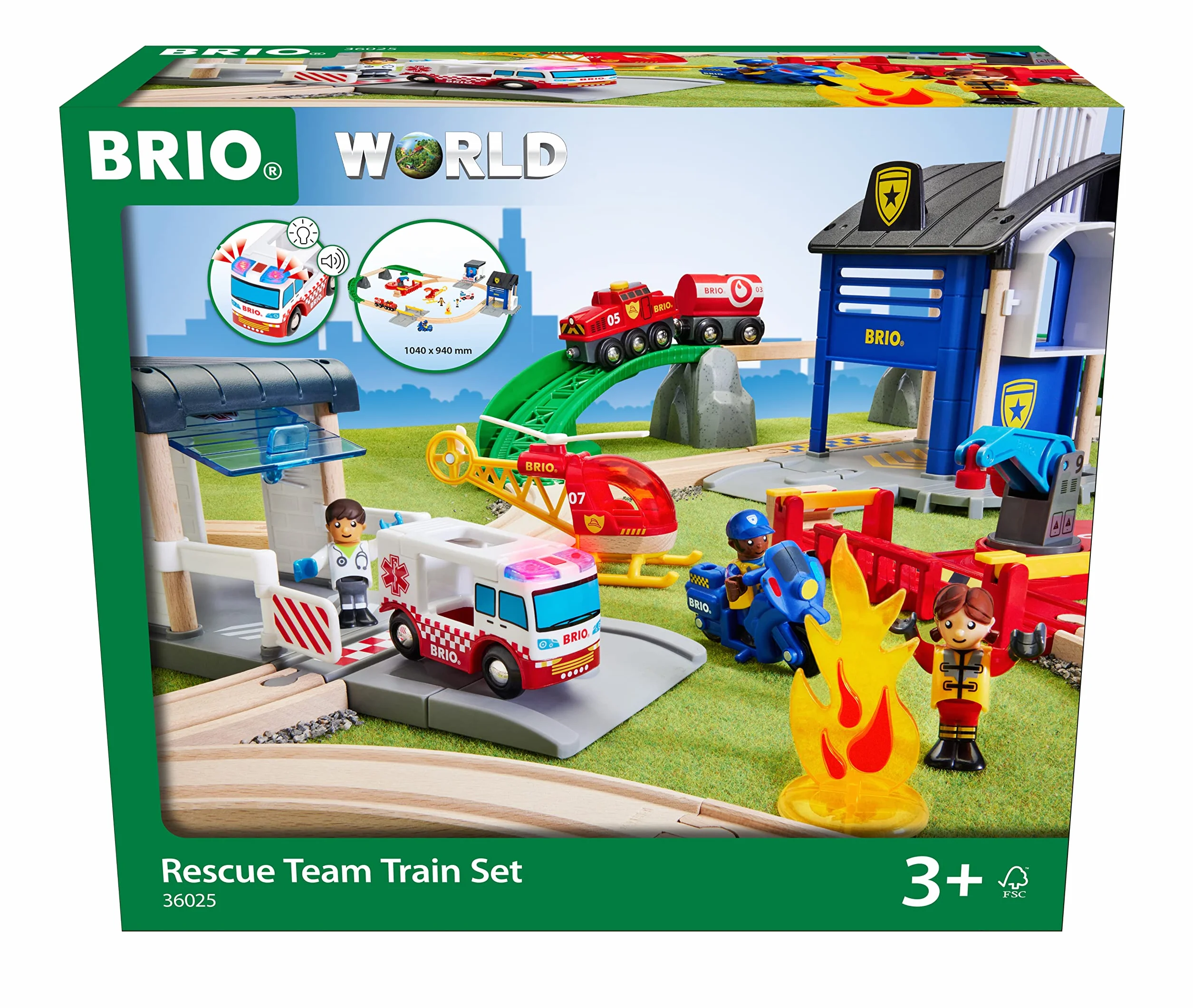 BRIO World 36025 Deluxe Zestaw Policji i Straży Pożarnej - duży zestaw ratowników z posterunkiem policji, pociągiem strażackim, śmigłowcem strażackim i karetką pogotowia - zalecany dla dzieci w wieku 3 lat i starszych