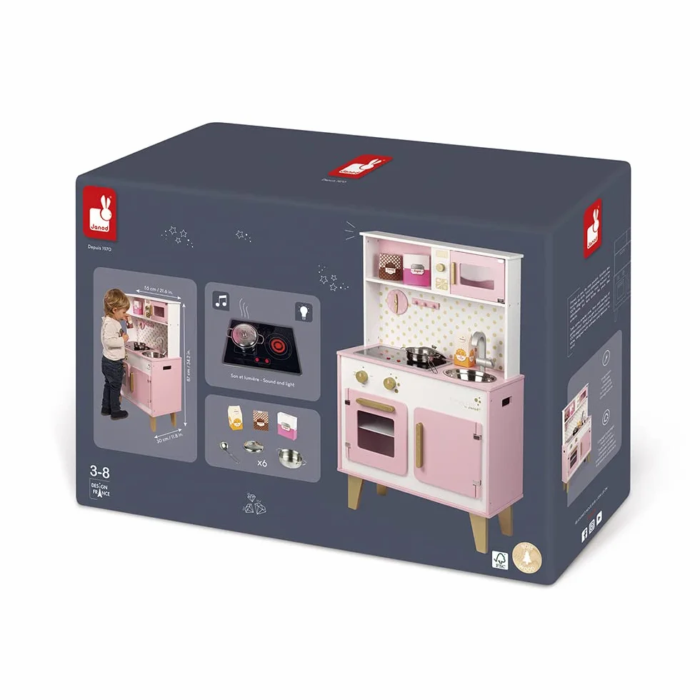 Janod - Candy Chic Big Wooden Cooker for Children - Equipped with Fridge and Microwave, Sound and Light - Pretend Play - 6 Accessories Included - For children from the Age of 3, J06554, Pink and White