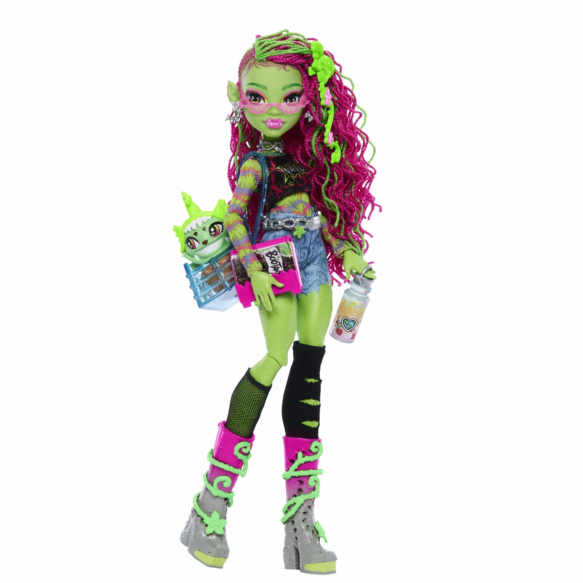 Monster High Venus McFlytrap Lalka + kotek Chewlian oraz akcesoria, takie jak plecak, notes i „przekąski”, HRP81