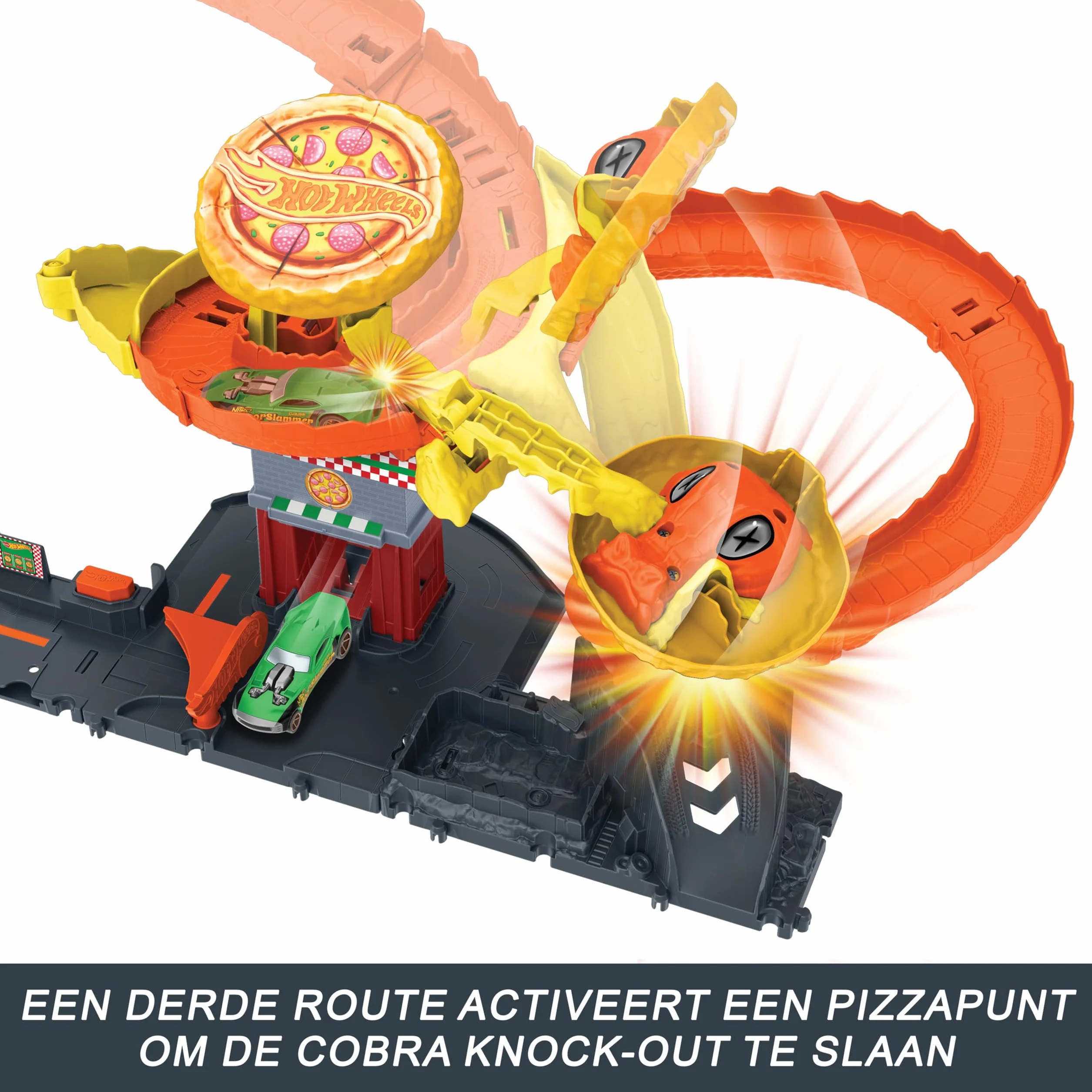 Hot Wheels City Let's Race – Na start! - Netflix - Odjazdowa pizza – Atak kobry Zestaw ze spiralnym torem w kształcie ogona kobry i autkiem w skali 1:64, HTN81