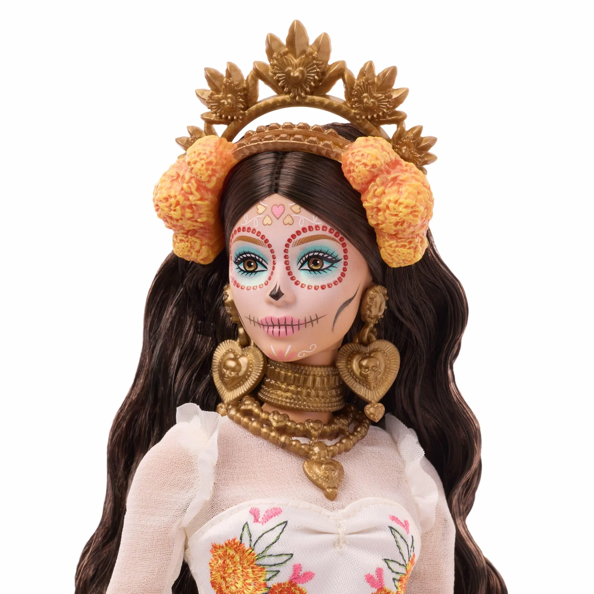 Barbie Signature Lalka Día De Muertos 2025 Kolekcjonerska lalka, kremowa suknia z detalami takimi jak falbanki, aksamitki i naszyte wstążki, kwiatowa korona i charakterystyczny makijaż czaszki, JBJ05