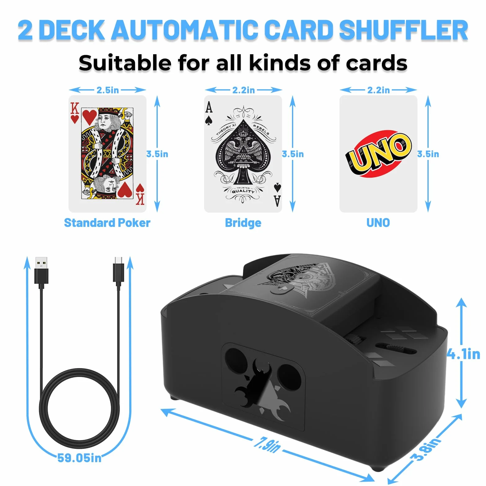 Ni-SHEN W pełni automatyczny tasator kart 1-2 talie Mikser elektryczny zasilany przez USB/baterię Niskoszumowe tasowanie kart do gry dla UNO, pokera, fazy 10, Skip-BO, Blackjack (czarny)