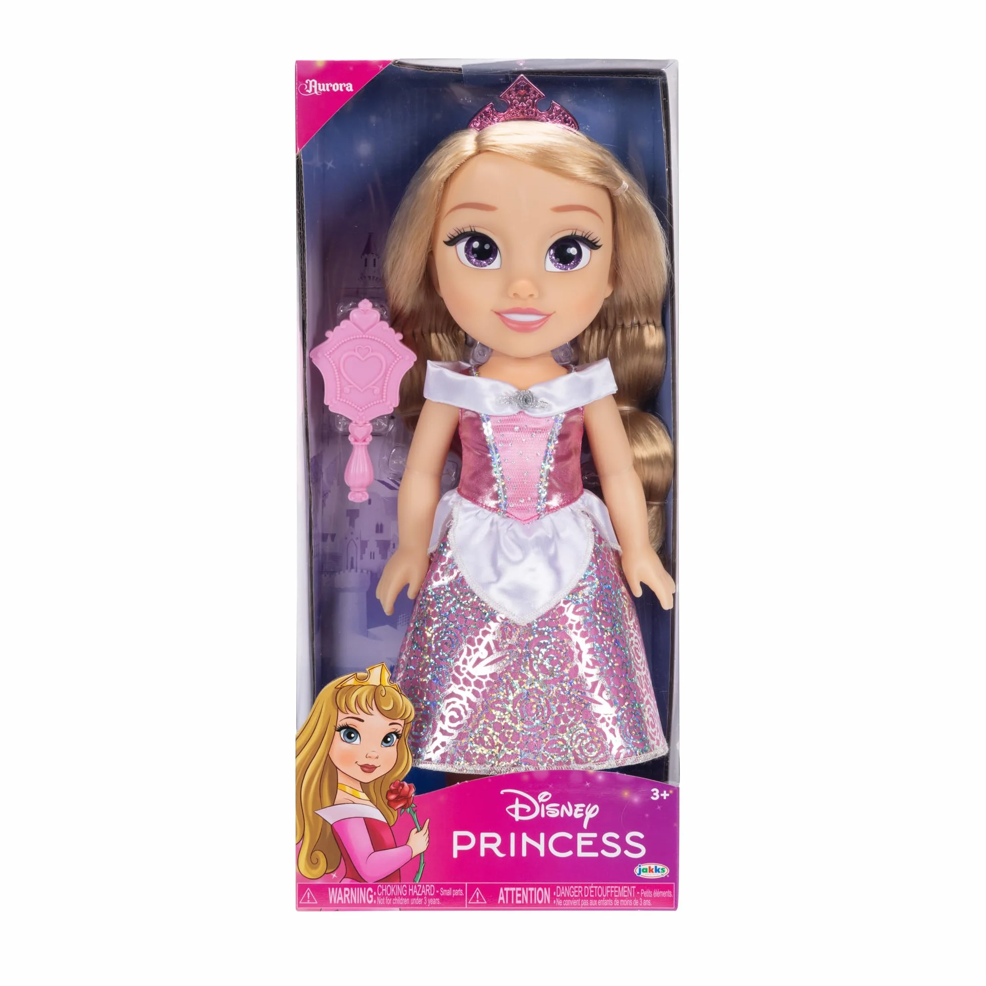 Disney Princess Modna lalka Aurora, 14"/35 cm wysoka lalka z królewskimi oczami refleksyjnymi zawiera błyszczącą platynową sukienkę z nadrukiem holofoilu, buty, tiara i pędzel, idealna dla dziewcząt w