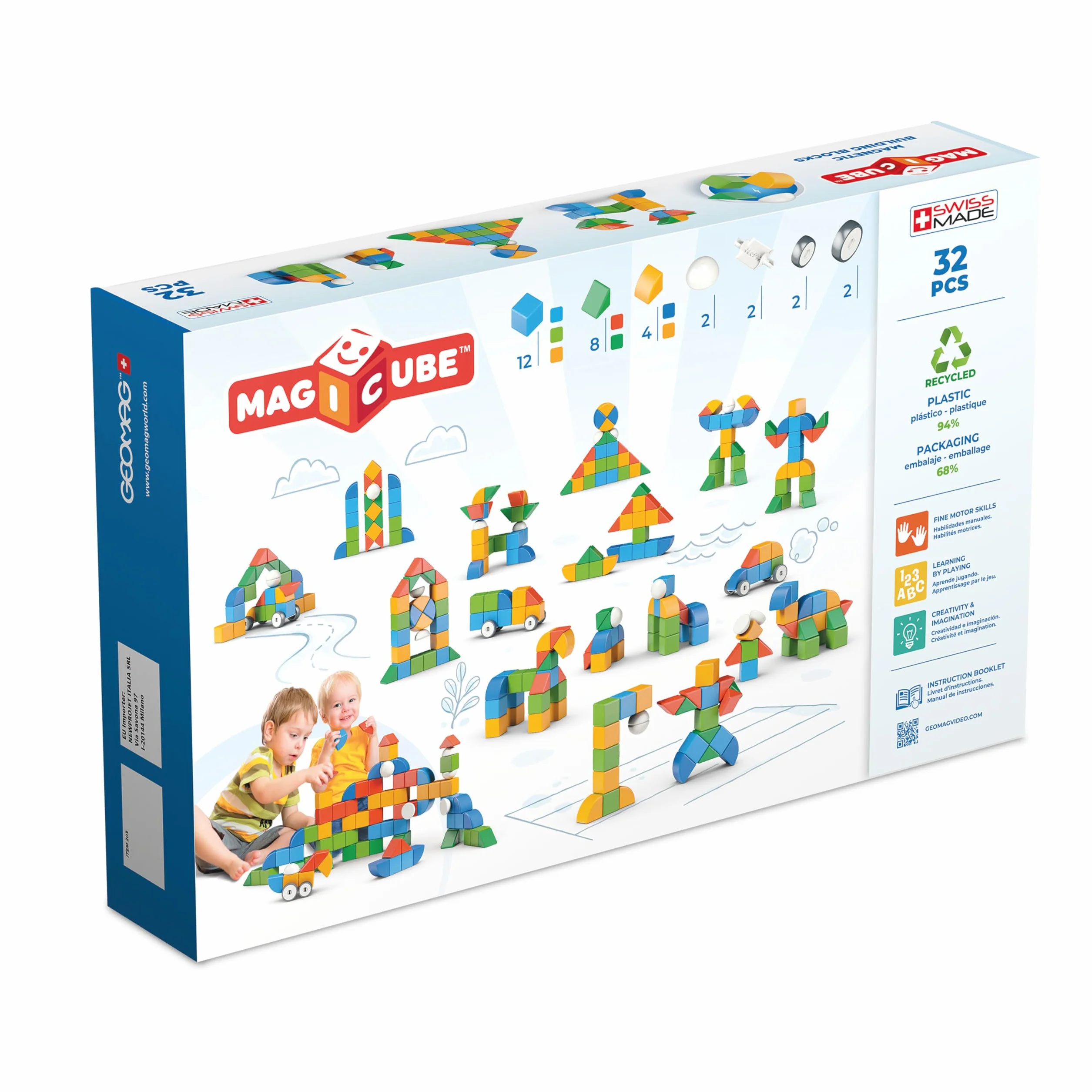 Geomag - Magicube 1+ Shapes - Magiczne Kostki Magnetyczne dla Dzieci, 4 Kolory i Kształty, 32 Bloki, Gra Edukacyjna, 100% Plastiku z Recyklingu