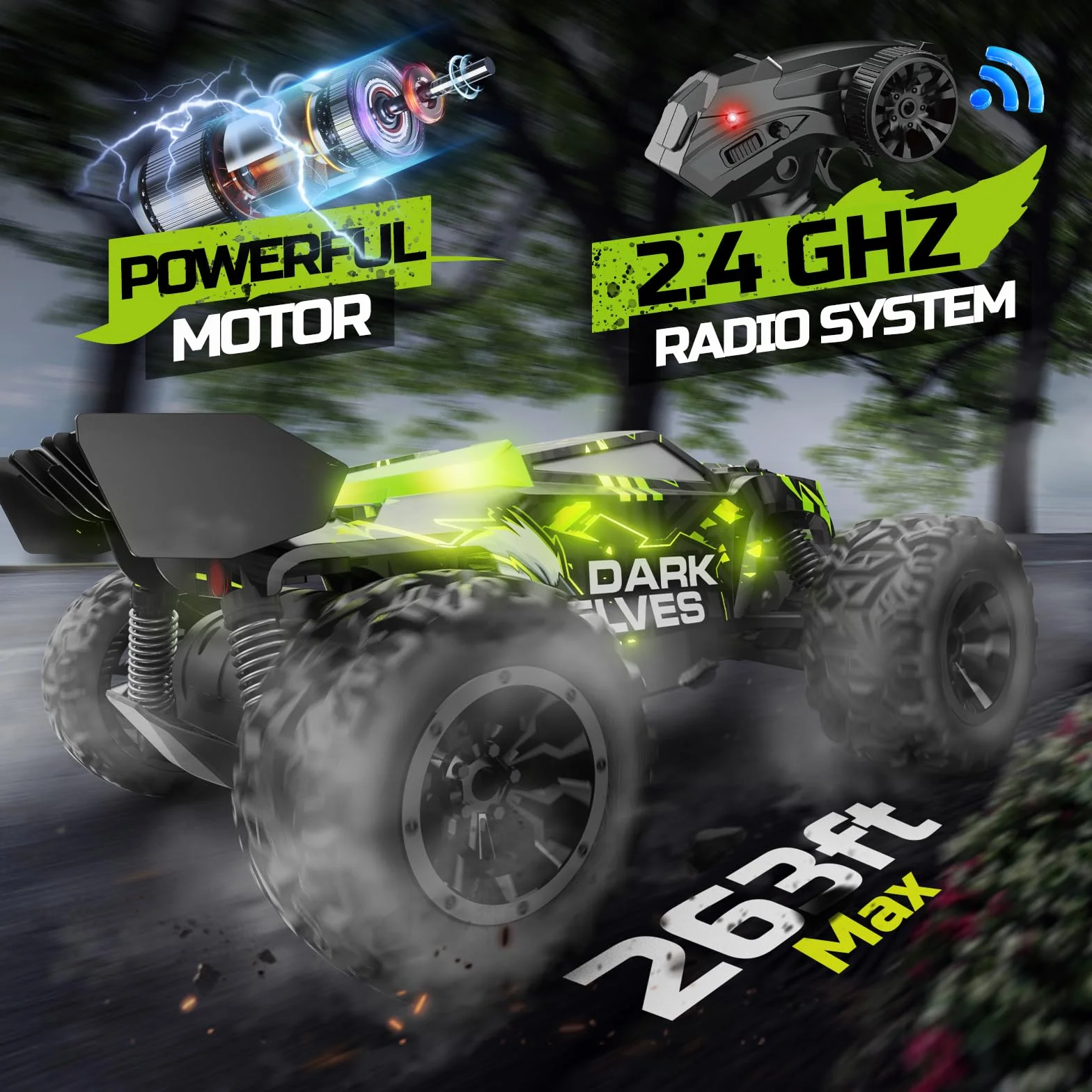 DEERC Samochód zdalnie sterowany, podświetlane samochody RC 2,4 GHz z 2 akumulatorami do 40 minut gry, zabawka terenowa Monster Truck dla chłopców i dzieci od 8 lat..