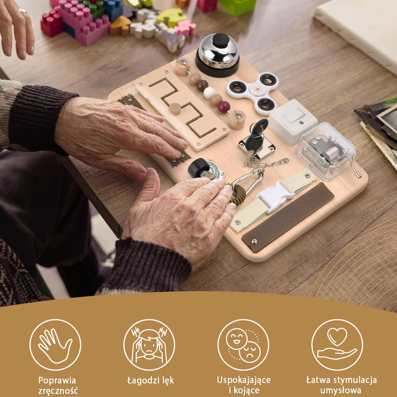 Multisensoryczna tablica manipulacyjna typu fidget dla seniorów – ćwiczenia motoryki, koncentracji i pamięci przy demencji, Alzheimerze, ADHD i autyzmie