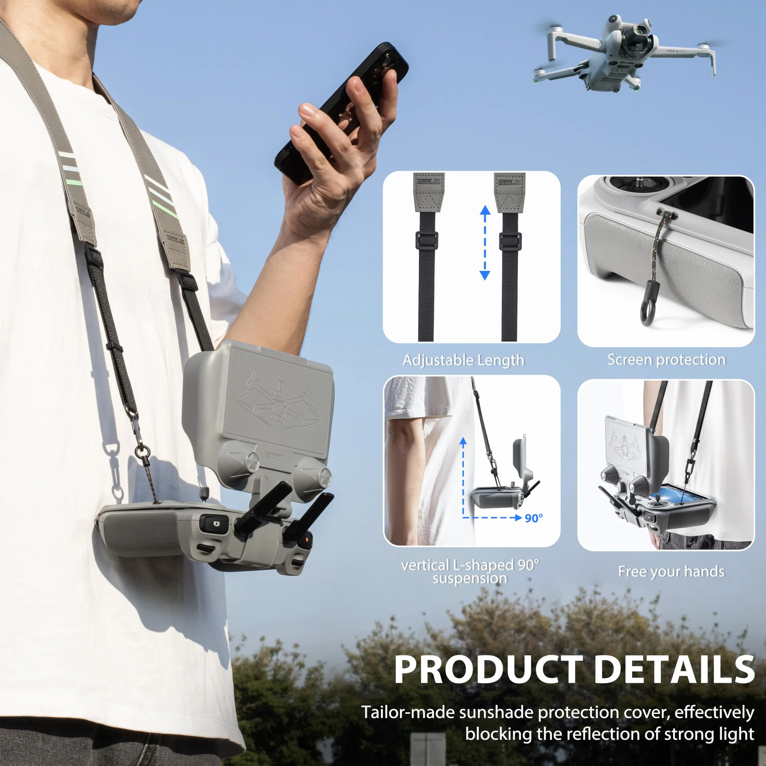 STARTRC Osłona przeciwsłoneczna Mini 5 Pro z paskiem do DJI LITO X1/Mini 5/4/3/Neo/Air 3/Air 3S, ochrona dla RC 2 i kontrolera, joysticka, ochrona ekranu