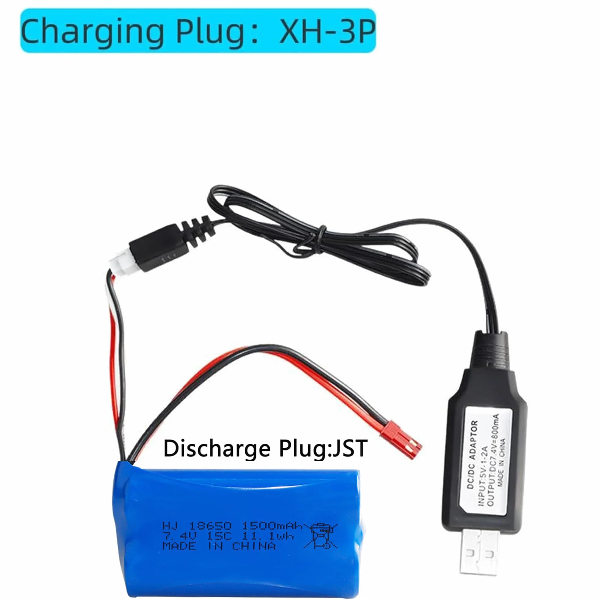 7,4 V 1500 mAh akumulator litowo-jonowy do wielokrotnego ładowania z JST i kablem ładującym USB do dwustronnego samochodu wyczynowego RC, małych łodzi RC, pojazdów amfibijnych Tumbling