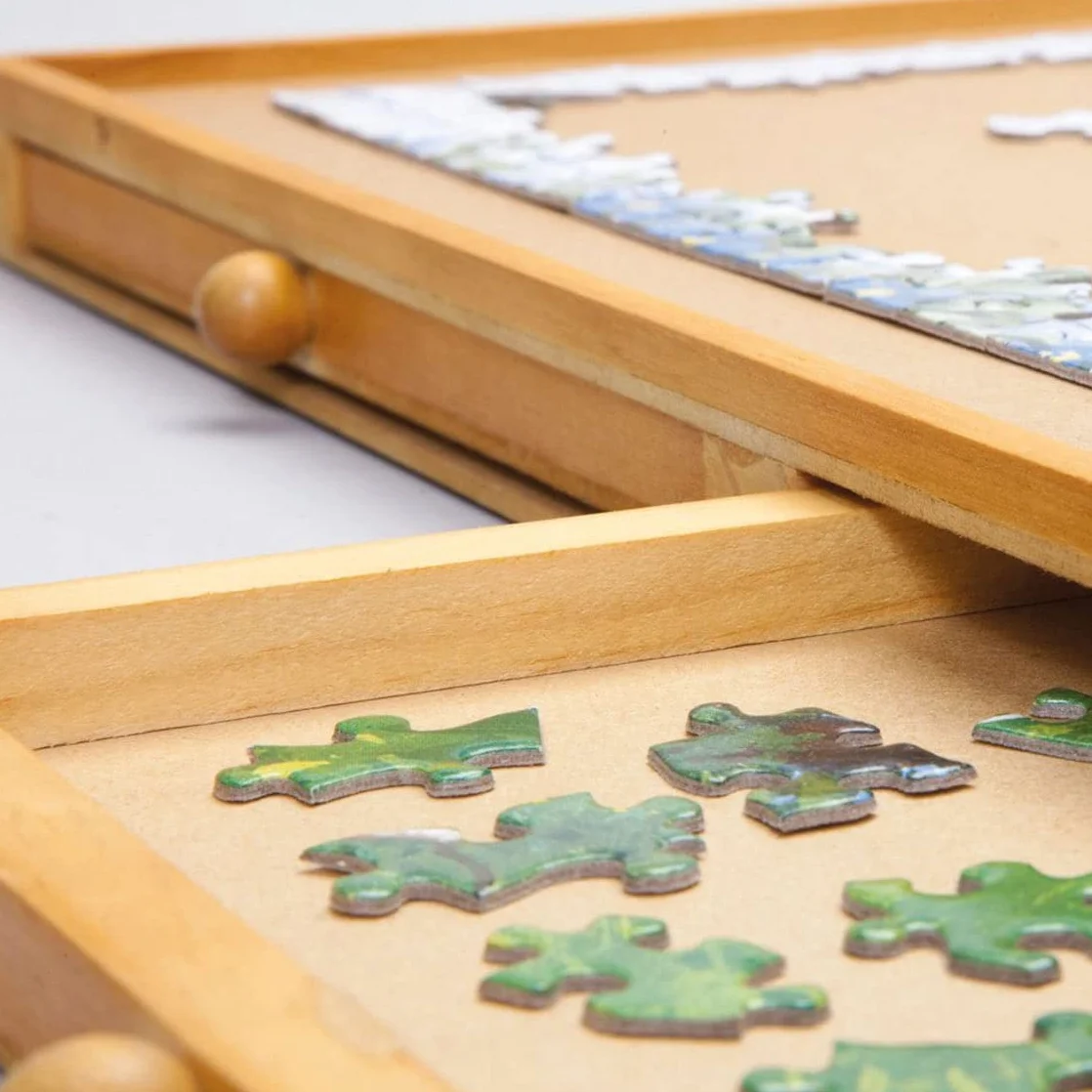 Mediashop Puzzle stół do 500 elementów – z 4 wysuwanymi szufladami – deska do puzzli z drewna – miejsce i porządek dla maksymalnej zabawy z puzzlami – łatwy montaż – zabawa dla dorosłych i dzieci
