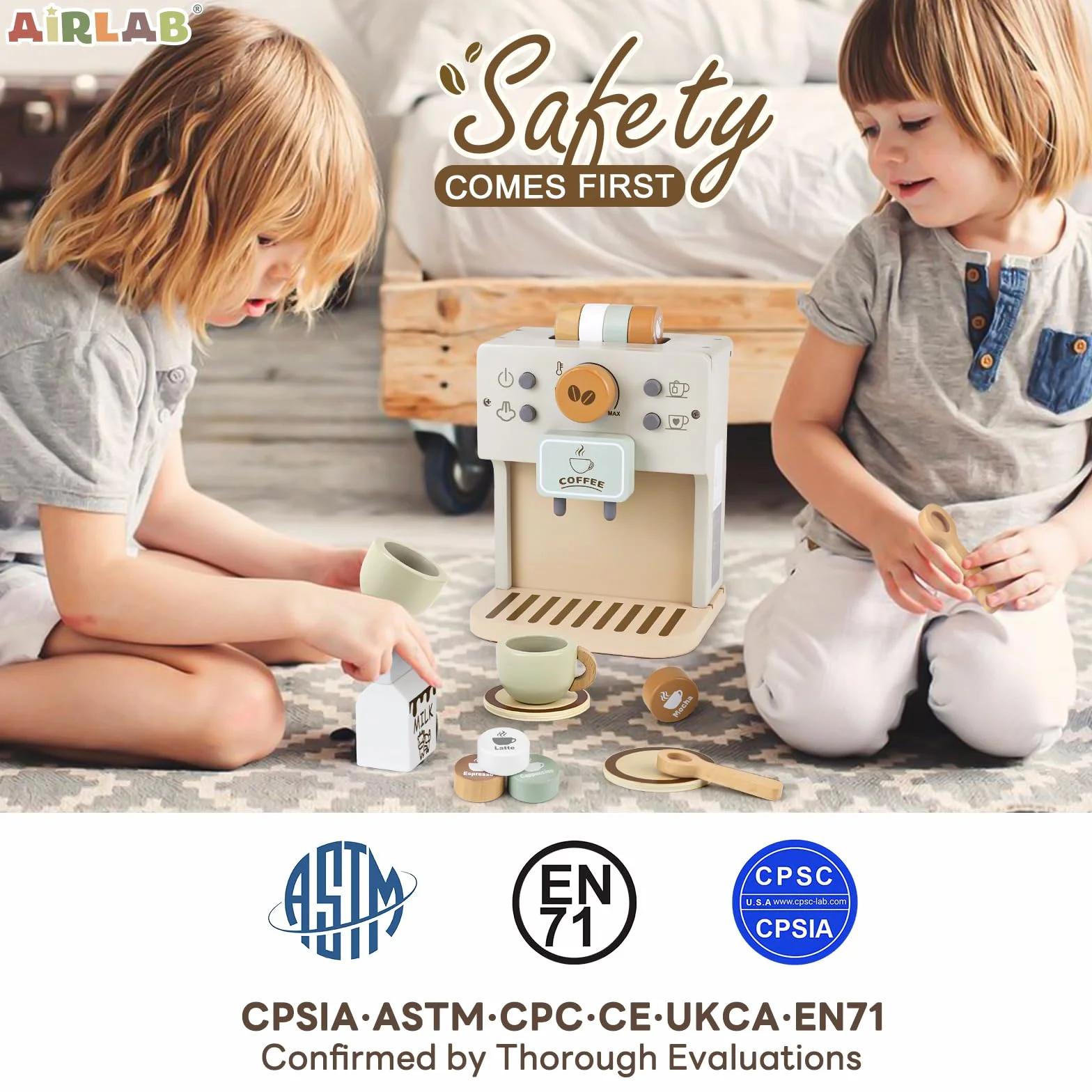 Airlab Drewniany ekspres do kawy, 12-częściowy zestaw akcesoriów kuchennych, zabawki do odgrywania ról dla dzieci