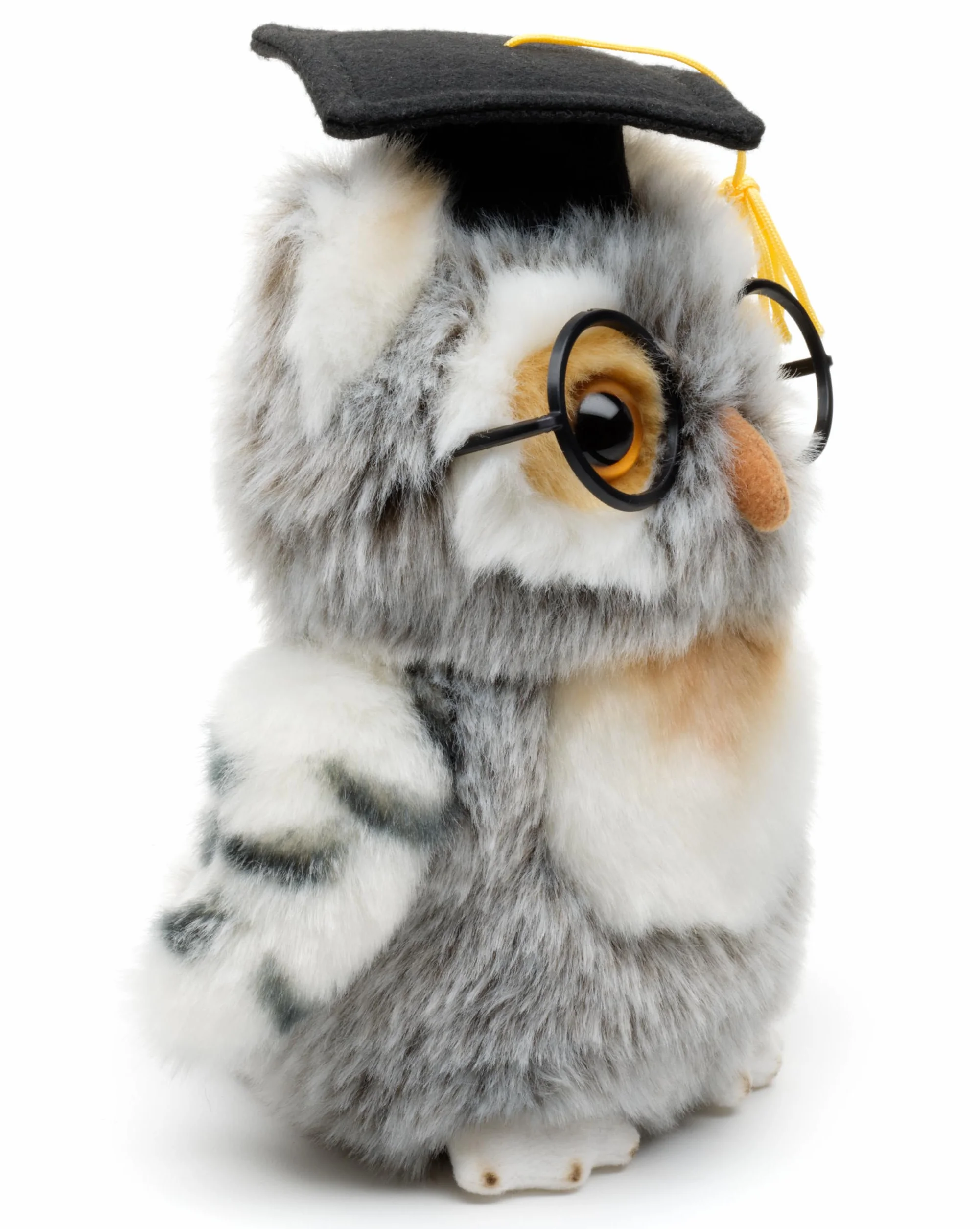 Uni-Toys - Sowa (szaro-biała) z kapeluszem lekarskim i okularami - 18 cm (wysokość) - pluszowy ptak - pluszowa zabawka, przytulanka