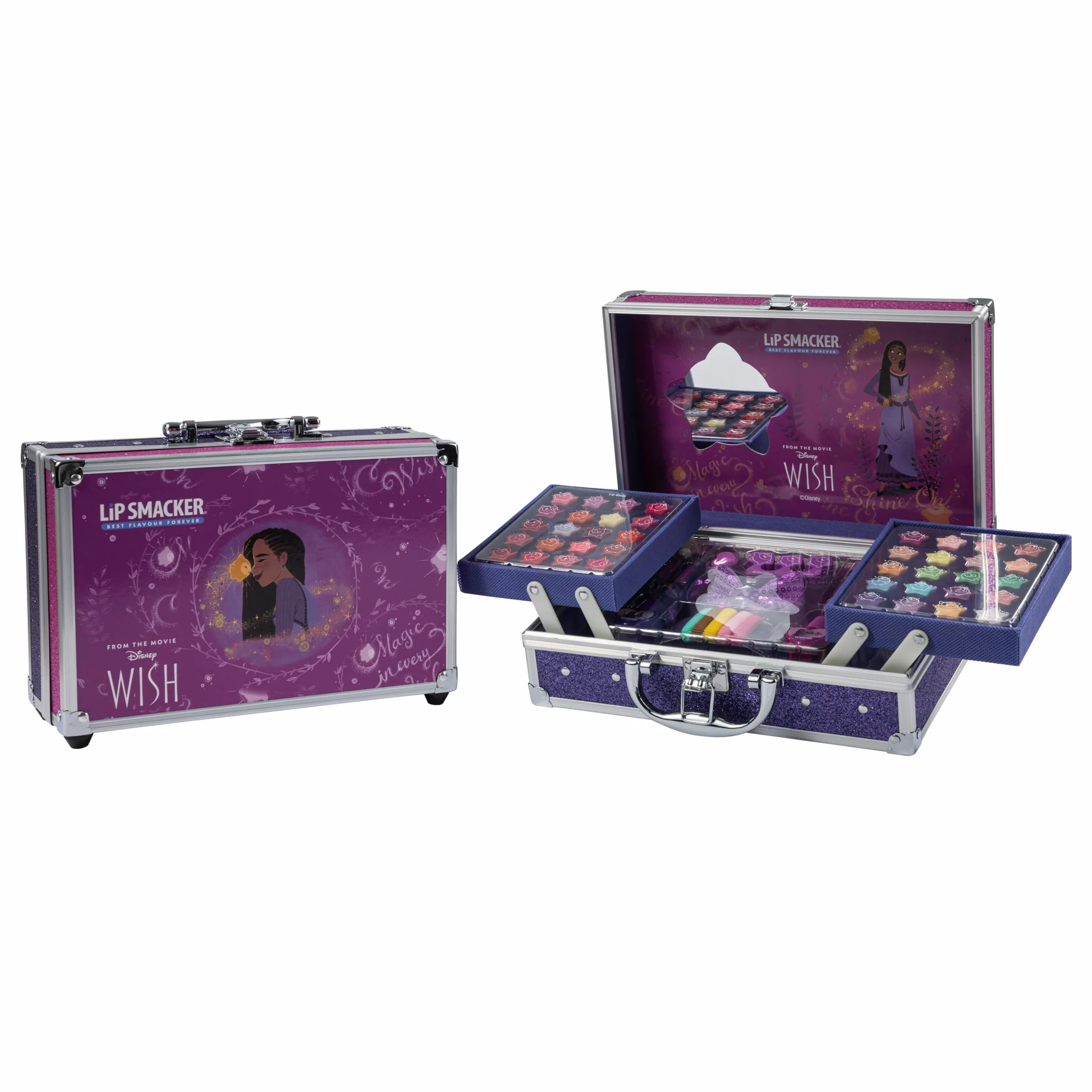 Lip Smacker Disney Wish Makeup Traincase, kuferek na kosmetyki dla dzieci, 50+ produktów do makijażu twarzy, ust i paznokci, w zestawie akcesoria kosmetyczne do włosów i makijażu