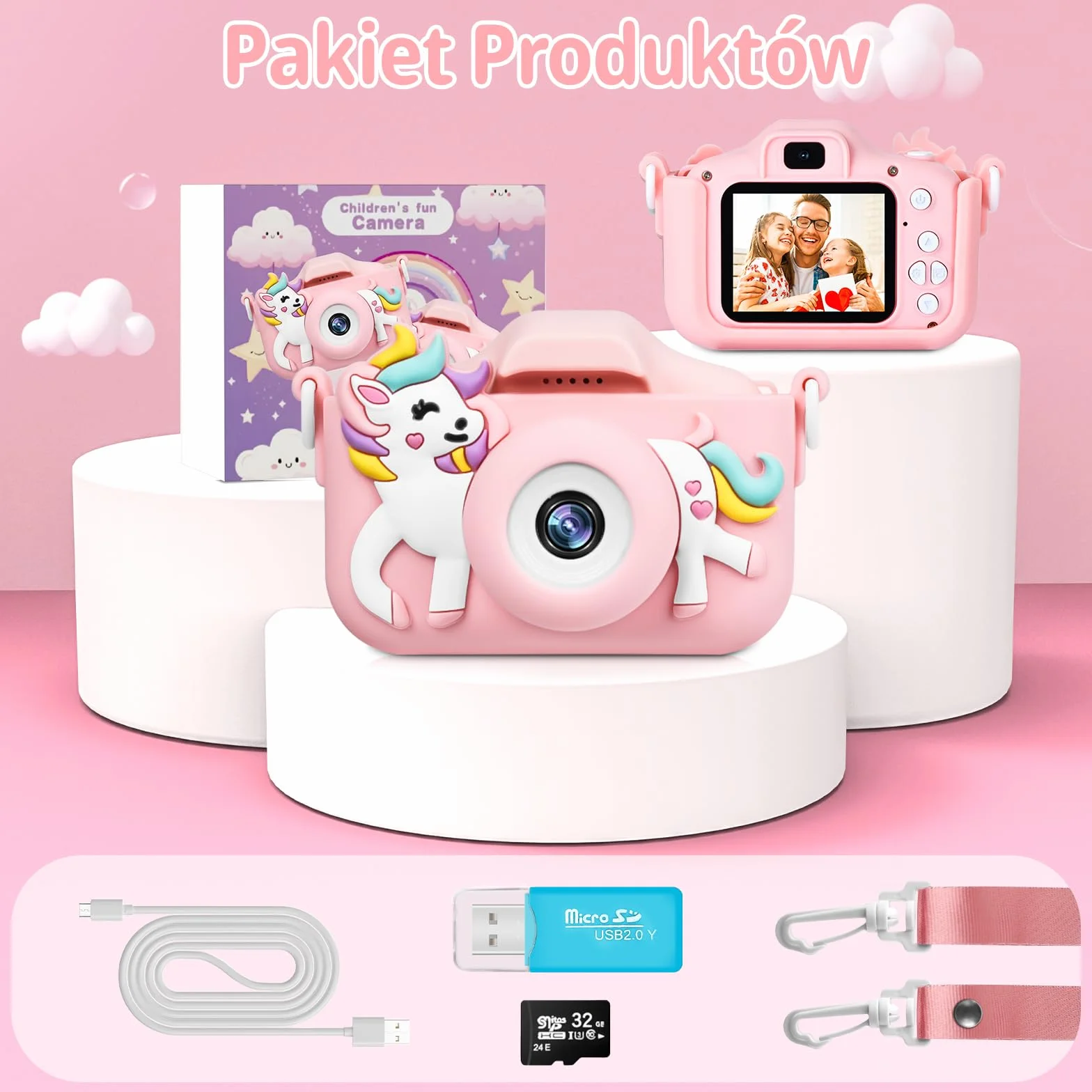 Aparat dla Dzieci z Ekranem 2,0 cala o Rozdzielczości 1080p, Wyposażony w Kartę SD o Pojemności 32 GB – Cyfrowy aparat do Selfie dla Chłopców i Dziewczynek