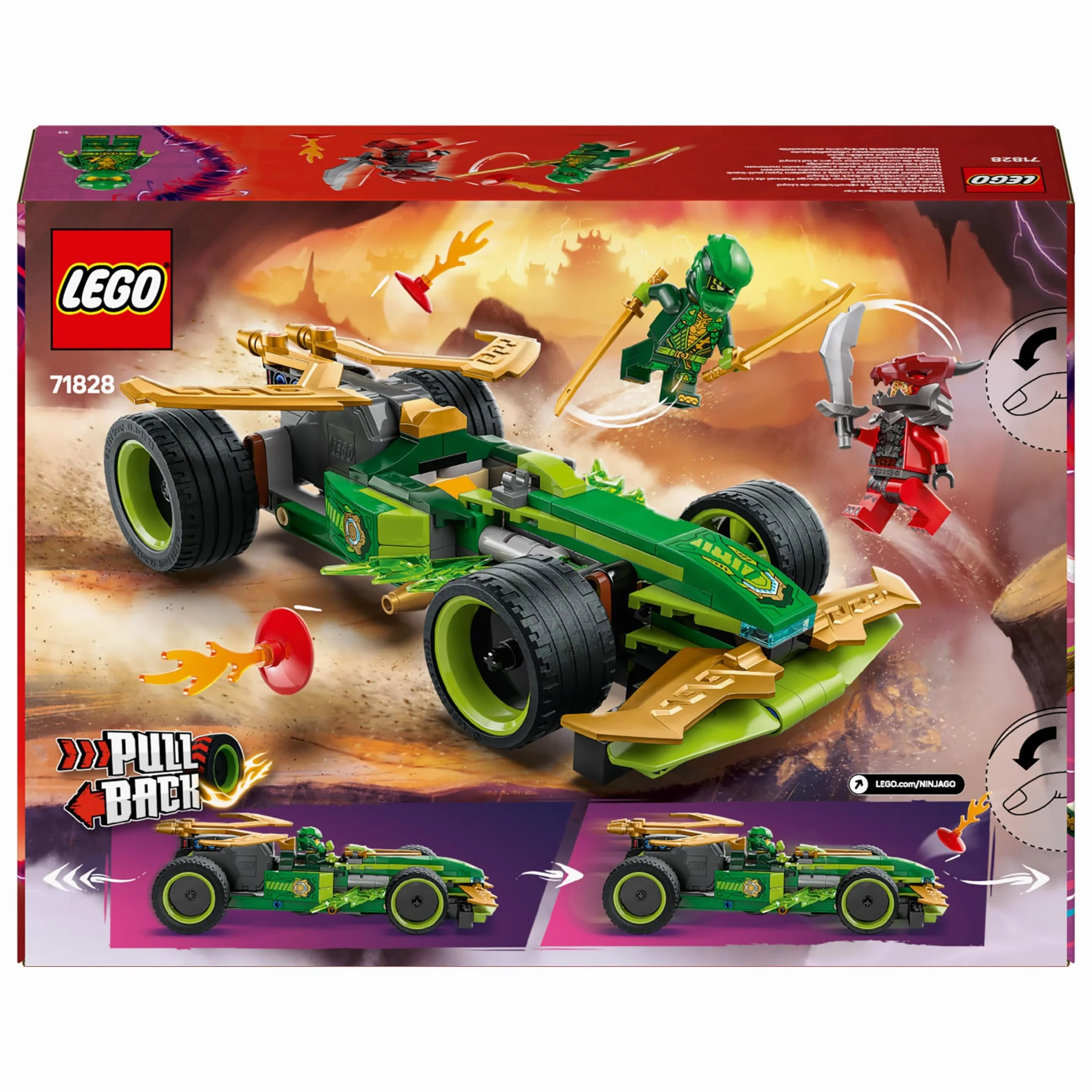 LEGO NINJAGO Samochód wyścigowy Lloyda z napędem typu pull-back, Model Wyścigówki Ninja, Zabawka Konstrukcyjna dla Dziecka z Dwiema Minifigurkami, Prezent dla 7-latka, dla Chłopca i Dziewczynki 71828