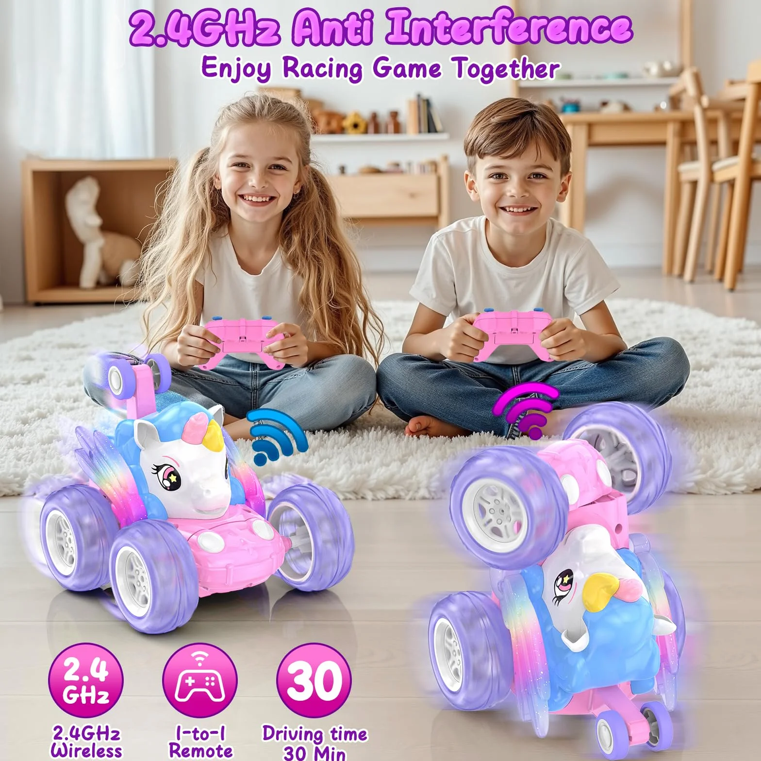 samochód zdalnie sterowany, zabawka jednorożec dla dziewczynek w wieku 3, 4, 5, 6, 7, 8, 9 lat, 2,4GHz RC auto kaskaderskie z świecącymi skrzydłami, gry dla dzieci, monster truck zdalnie