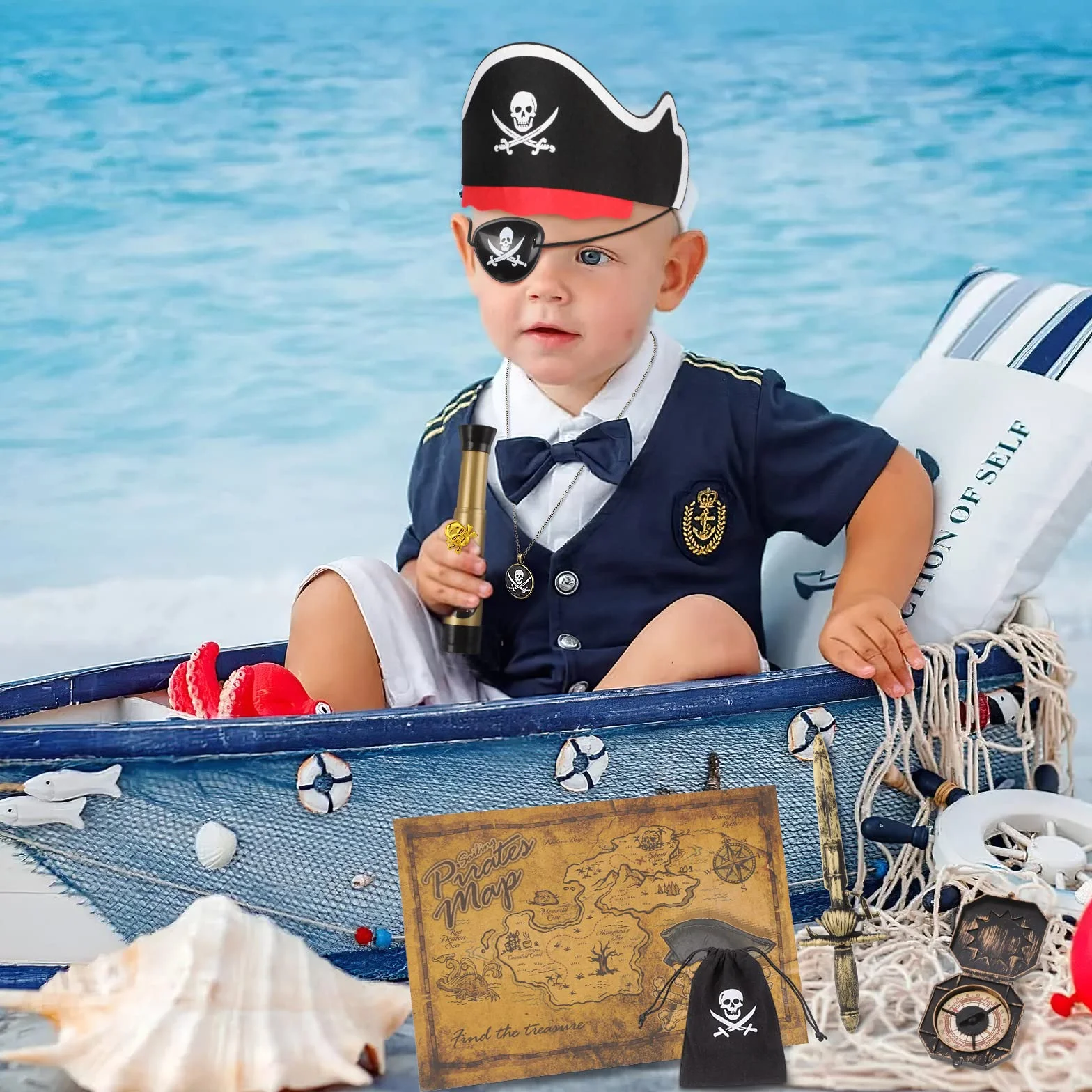 29 sztuk akcesoria do kostiumów piratów, kapeluszy, naszywki, motyw pirackiego oka kompasu, naszyjnika, monety, mapa, kostium kapitana pirata, na karnawał dla chłopców, dziewcząt