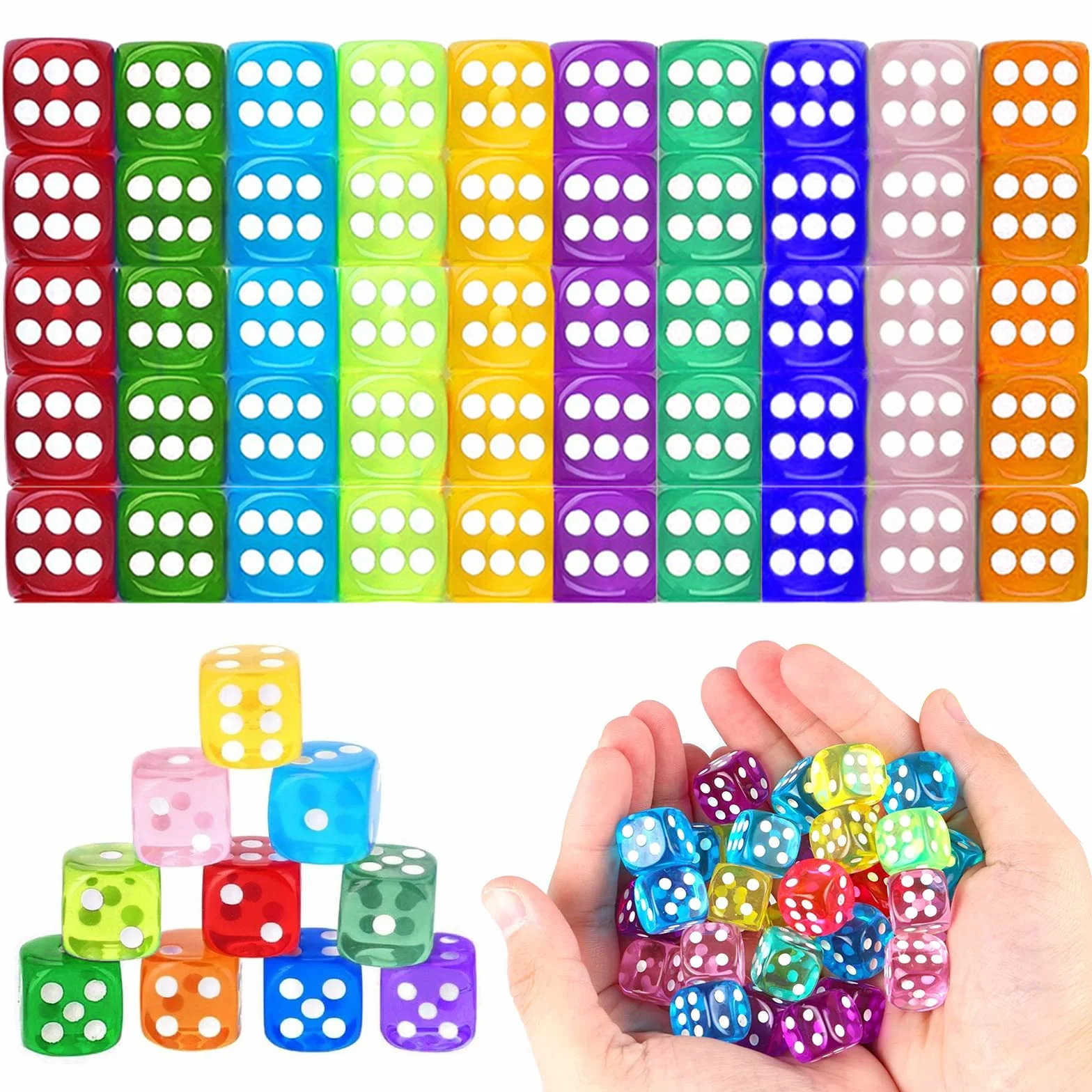 100 sztuk sześciostronnych kostek, D6 Dice, 10 kolorów, 14 mm, akrylowe, okrągłe kostki narożne, zestaw do tenisa, farkle, Yahtzee, Bunco lub matematyki edukacyjnej