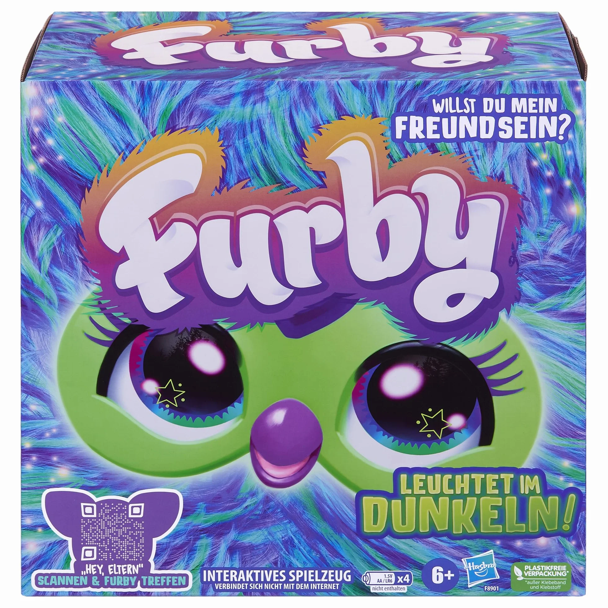 Furby Galaxy, interaktywna pluszowa zabawka w kolorowych kolorach, świeci w ciemności, mówi po niemiecku i furbisku, ok. 15 cm wysokości, piękny prezent dla Świętego Mikołaja lub jako prezent skrzata