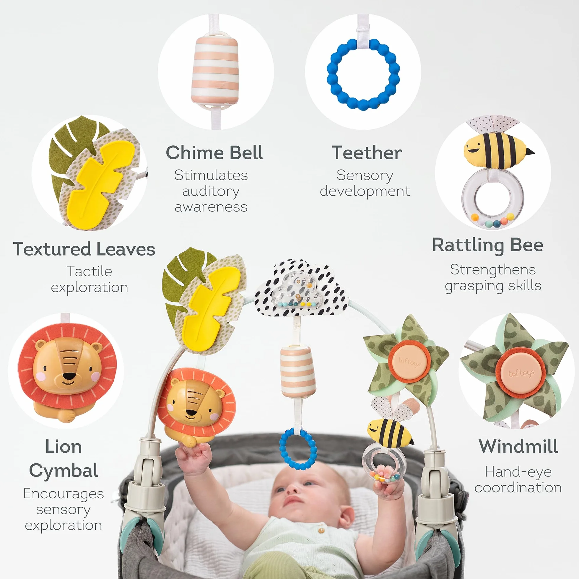 Taf Toys Savannah Adventures Arch. Activity Pram Arch with 3 Hanging Toys. Fits Strollers Cots & Car Seats. Suitable for Babies, Infants & Toddlers
