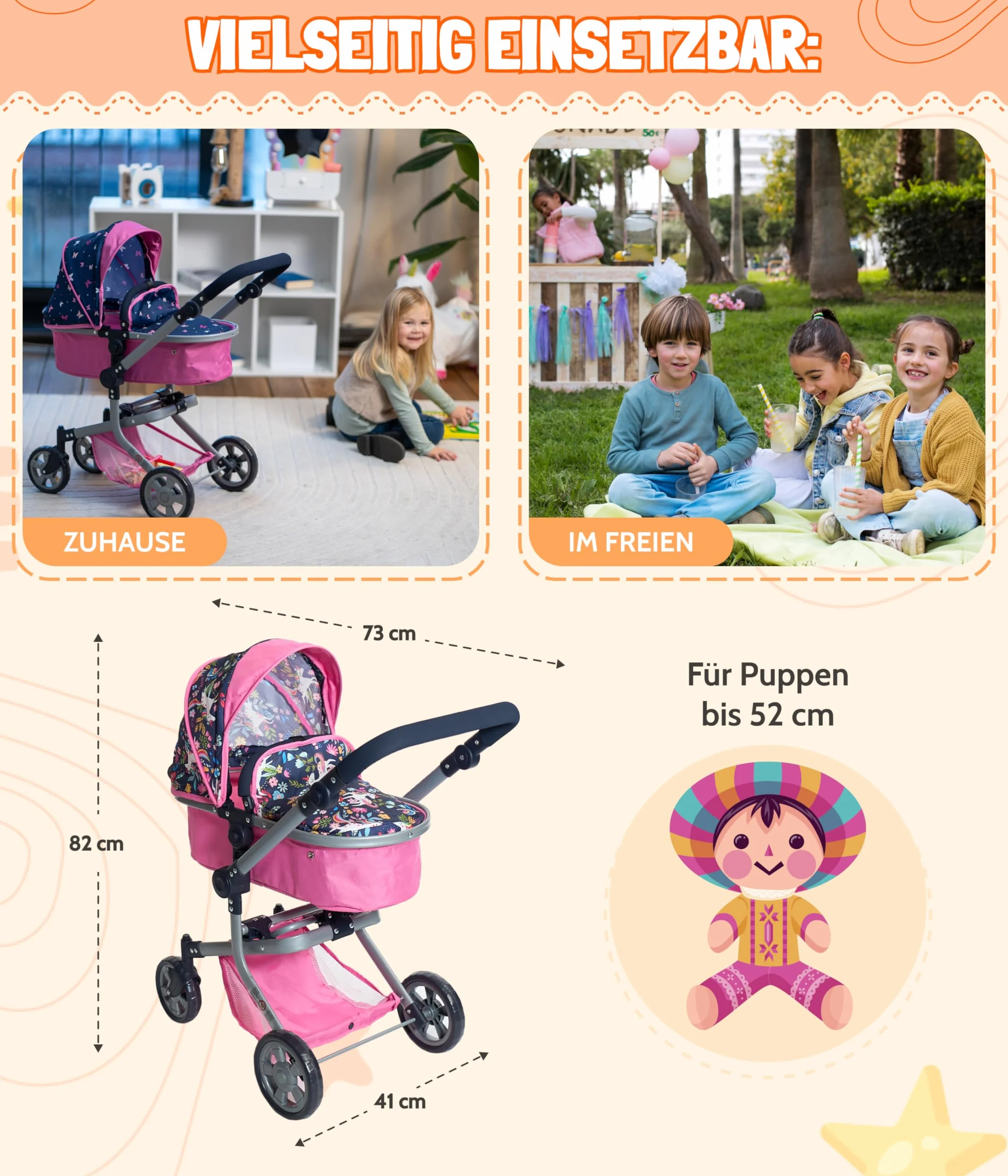 Bayer Chic 2000 - Wózek dla lalek Mika, wózek dla lalek kombi, 2 w 1, dla dzieci w wieku od 4 do 8 lat, dżinsy szare