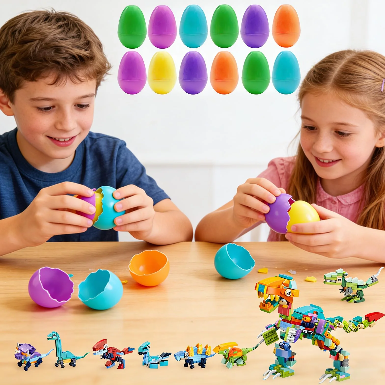 Zestaw 12 plastikowych jajek z klockami dinozaurów na wielkanocne kosze, zabawki edukacyjne, nagrody, niespodzianki na imprezy