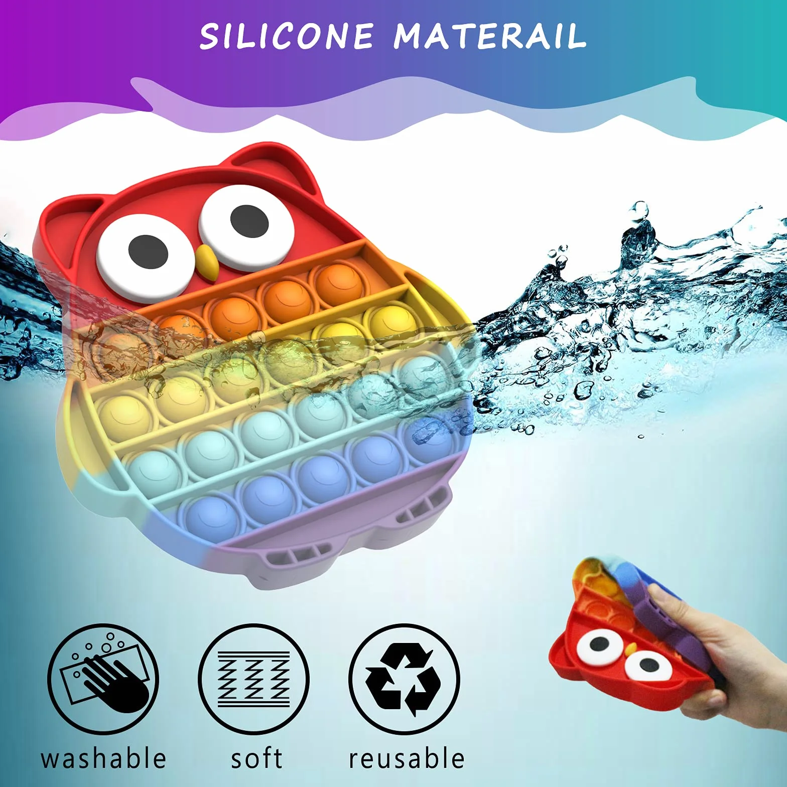 Silikonowa Zabawka Sensoryczna Push Bubble Pop Fidget, Trwała Tęczowa Zabawka Antystresowa, Sensoryczna Zabawka Lagodząca Lęk, Odpowiednia dla Dzieci, Rodziny i Przyjaciół (Sowa)