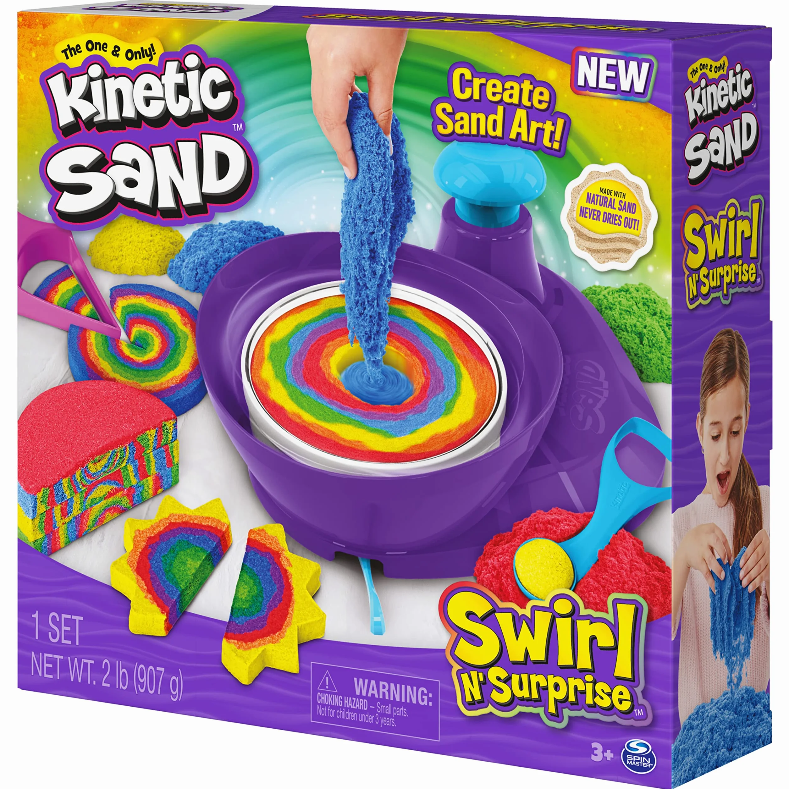 Kinetyczny piasek, zestaw Swirl N’ Surprise z piaskiem do zabawy, w tym czerwonym, niebieskim, zielonym, żółtym i 4 narzędziami, zabawki sensoryczne dla dzieci w wieku 3 lat i starszych