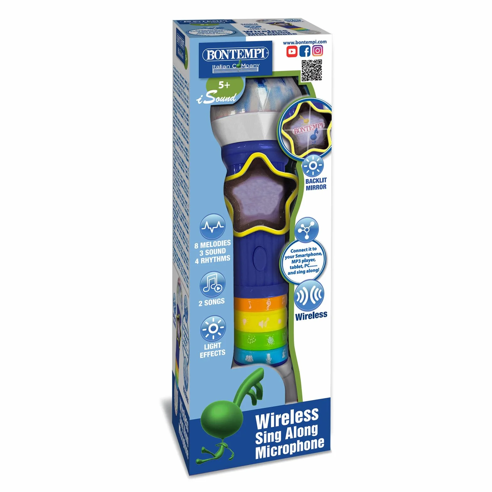 Bontempi GlowWave Mikrofon bezprzewodowy mikrofon z efektami świetlnymi i dźwiękowymi do magicznej wydajności, 265 x 70 x 70 mm, wielokolorowy, 41 3020