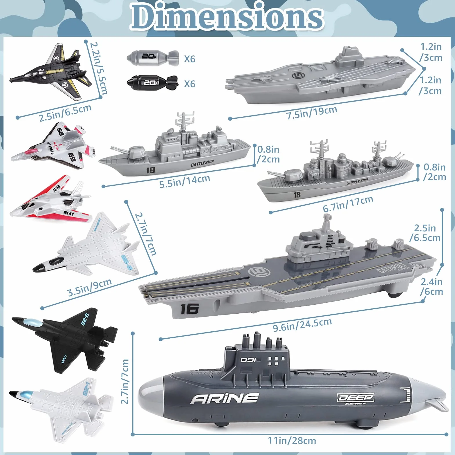 deAO 19 sztuk zabawek wojskowych, z łodzią podwodną, lotniskowcami, okrętami bojowymi, samolotami bojowymi, model Marine zabawka wojskowa