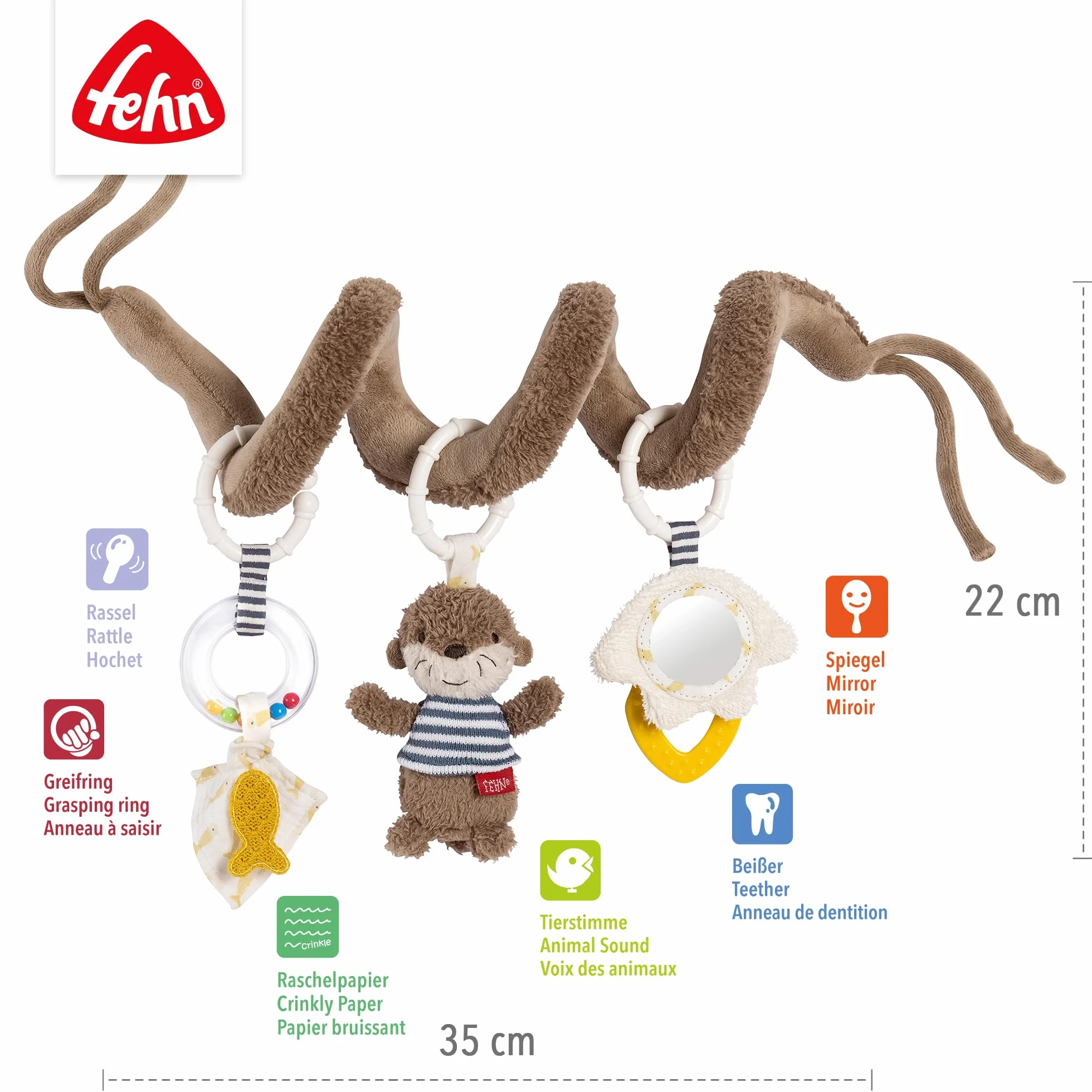 Fehn Spirala Activity Otter – spirala z materiału z funkcjami uczenia się do chwytania, odczuwania, zabawy – wspomaga chwytanie, zmysł dotyku i motorykę – do domu i w podróży, dla niemowląt od, Wydra