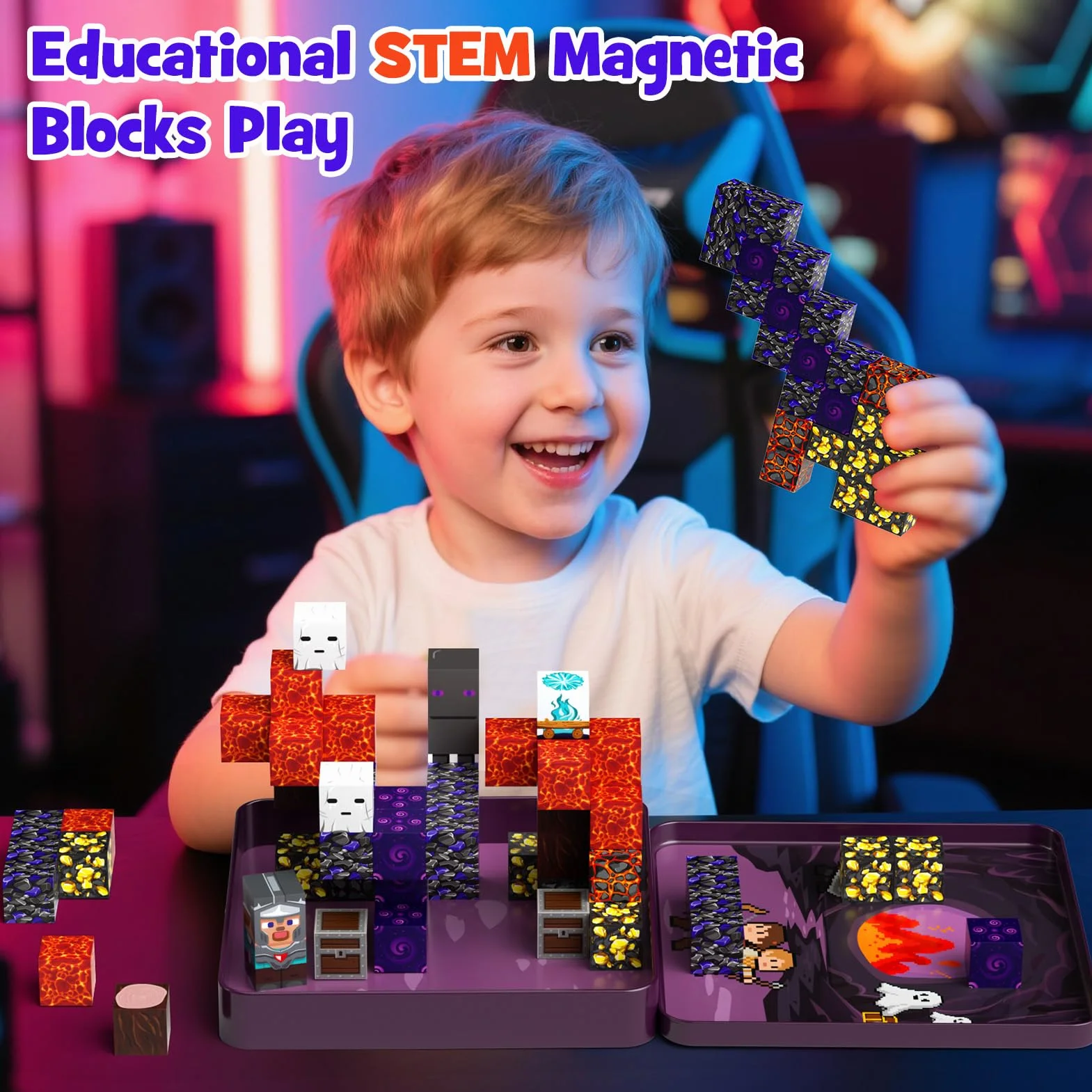 Magnetyczne klocki 49 szt. – przenośne żelazne pudełko z motywem przygody fantasy, zabawka magnetyczna STEM, zabawka edukacyjna dla dzieci od 3+ lat