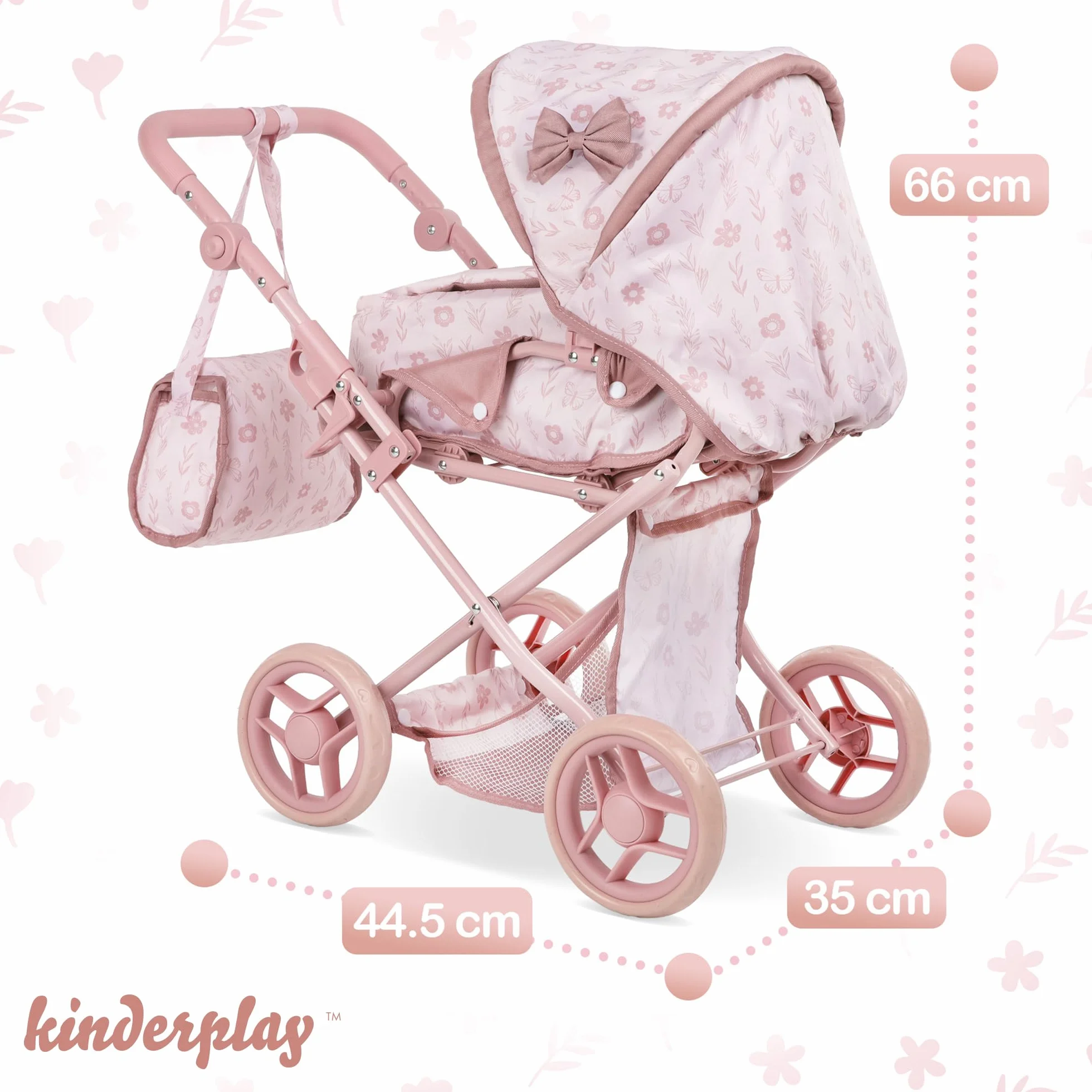Kinderplay Wózek dla lalek 3 w 1 z torbą do przenoszenia, wózek dla lalek z regulacją wysokości 36,5-64 cm, składany wózek dziecięcy z cichymi kółkami piankowymi, dla lalek do 40 cm, od 3 lat