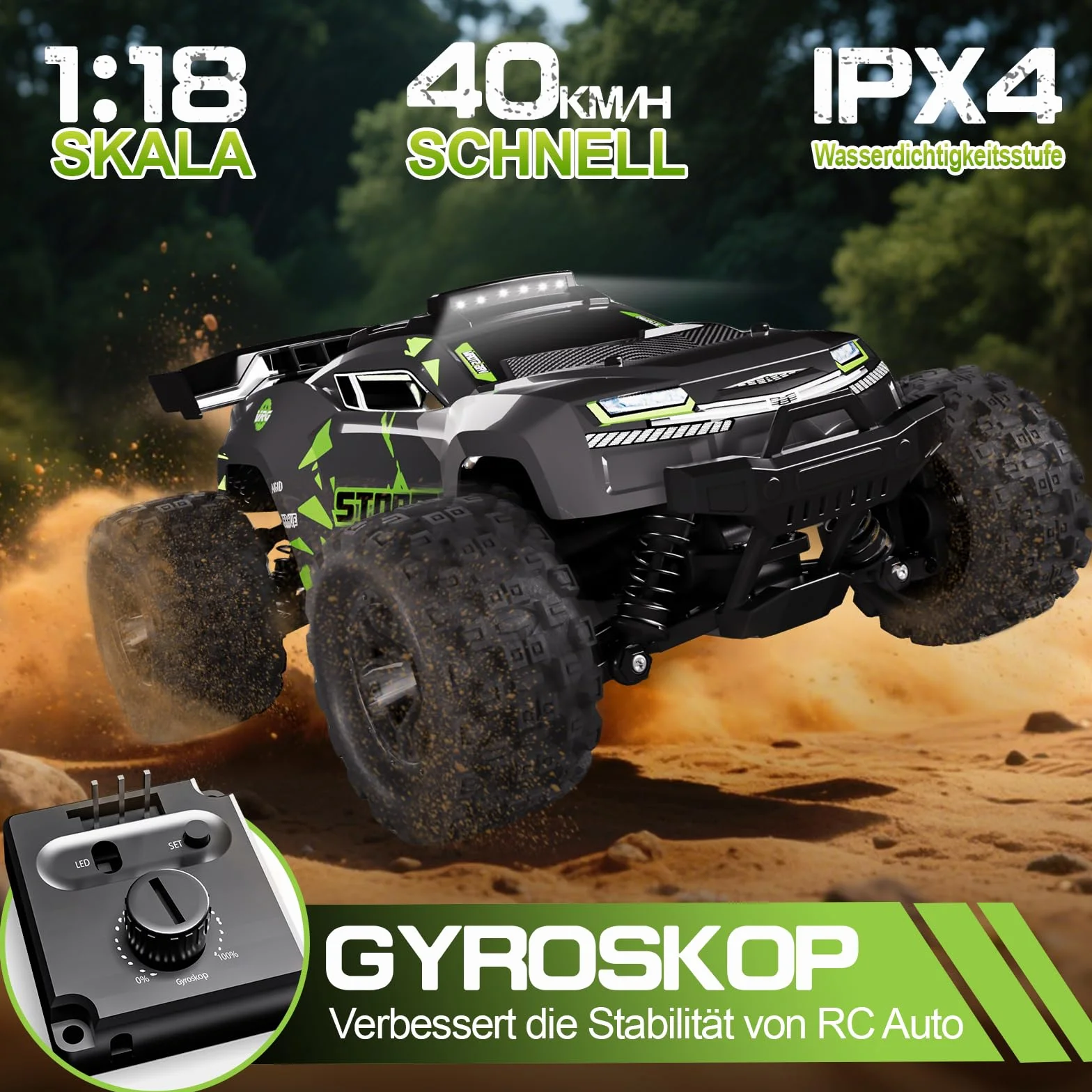 Zdalnie sterowany samochód 40 km/h, od 8, 10 lat, 1/18 RC Auto Offroad z 2 zestawami opon i 2 akumulatorami 50 minut, 2,4 GHz Monster Truck zdalne sterowanie ze światłem, 4WD wodoszczelny samochód RC