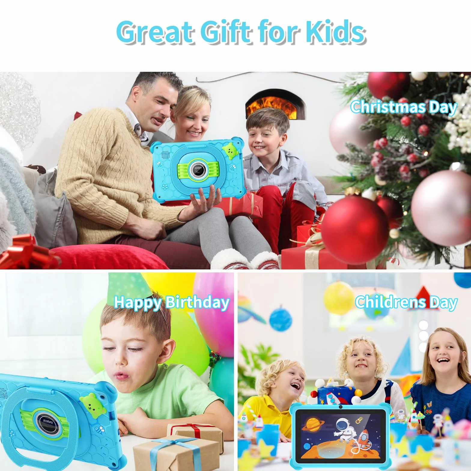 zcobro Tablet dziecięcy 7-calowy Android z wyświetlaczem IPS WiFi, 2 GB RAM, 32 GB ROM, kontrola rodzicielska, etui odporne na wstrząsy, podwójny aparat, edukacyjne
