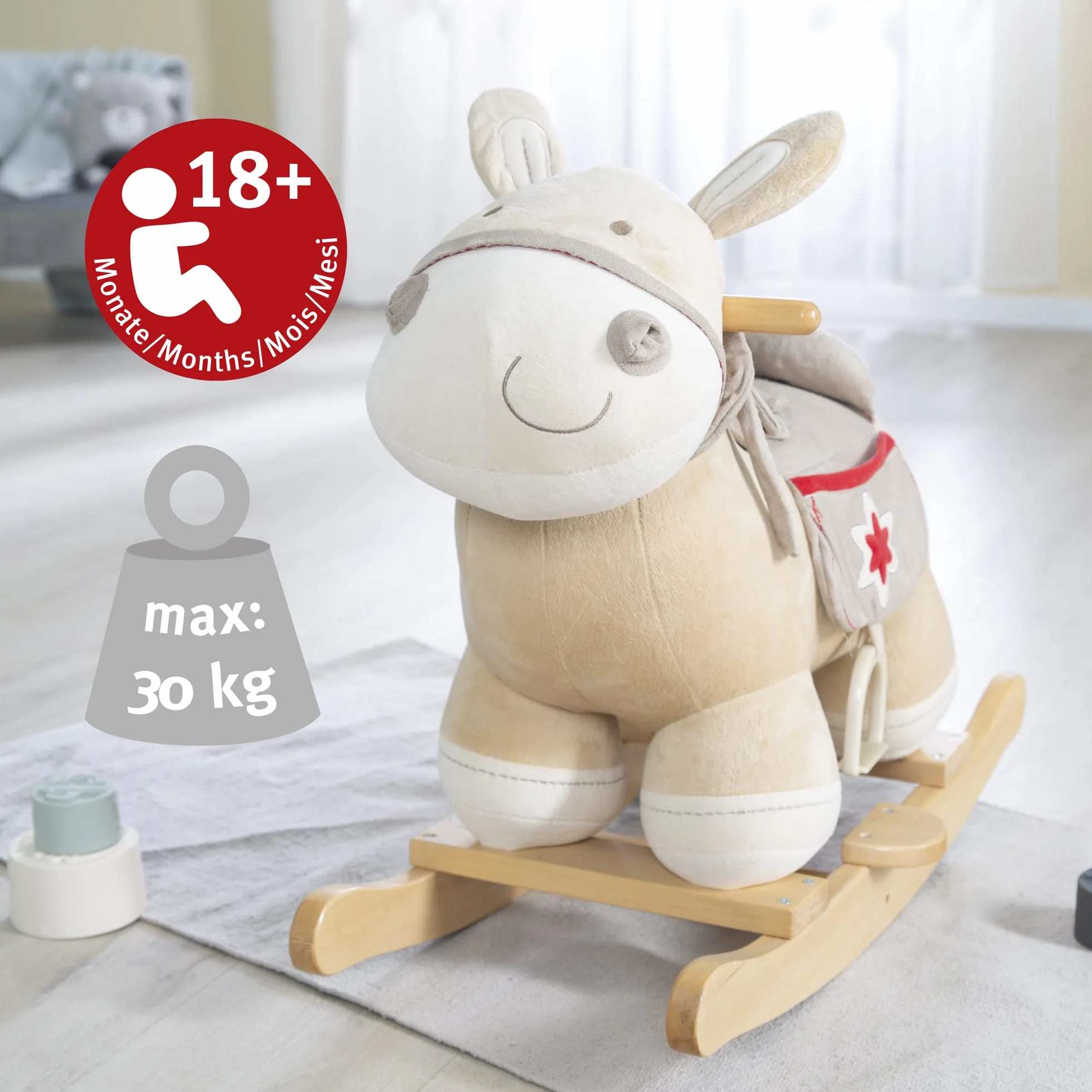roba Huśtawka konik, huśtawka drewniana z wyściełaniem z tkaniny, z postrzałkami, od 18 miesięcy