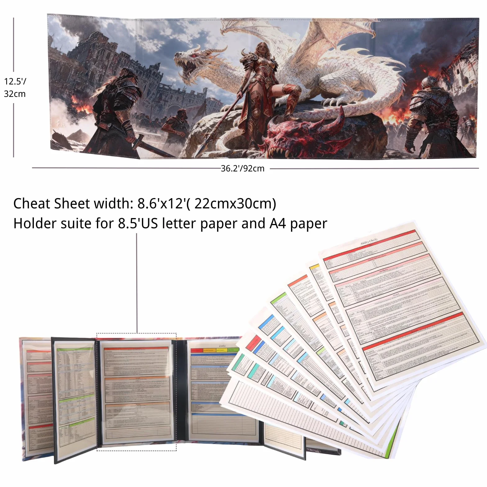 DND 5e DM ekran 8-panelowy sztuczna skóra deluxe z kołyszącymi się kieszeniami na mokro i Dungeon Master Cheat Sheets Dungeons and Dragons GM Terrain Accessories D&D prezent dla mistrzów gier TTRPG