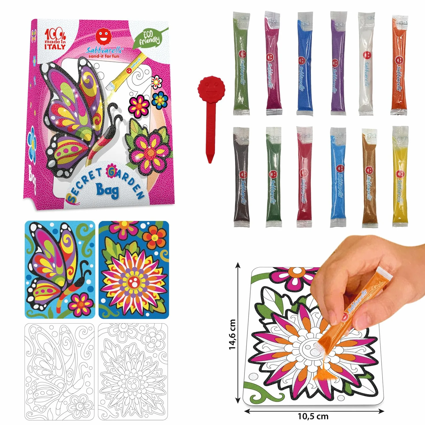 Sabbiarelli Sand-it For Fun Bag Secret Garden Mini Kit Sand Art z Kwiatem i Motylem 100% Made in Italy Kolorowy Piasek Rysunki Samoprzylepne Hobby 10+