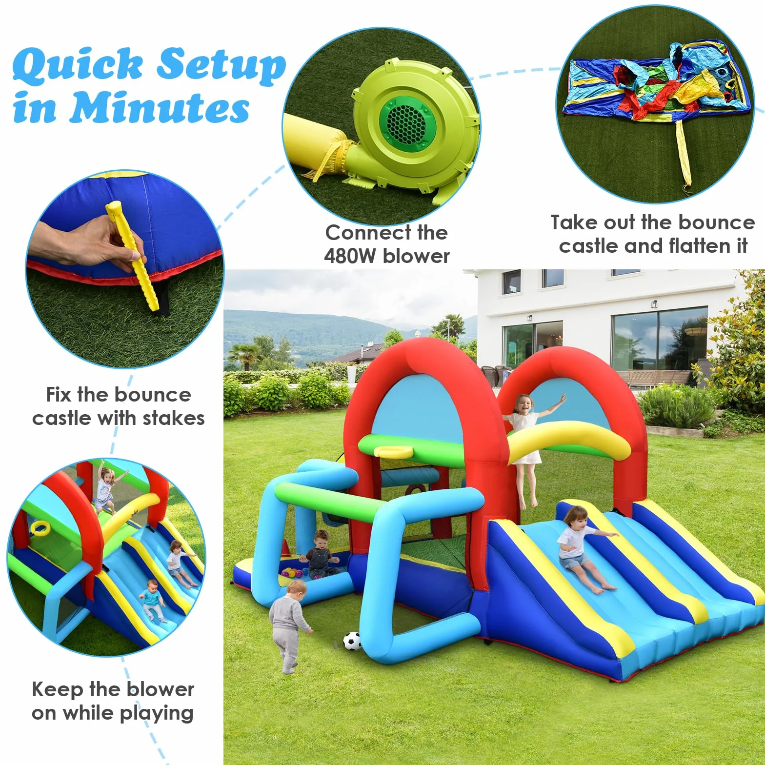 LIFEZEAL Dmuchany zamek, nadmuchiwany dom 8 w 1 dla dzieci z podwójną zjeżdżalnią, strefa trampoliny, bramka do piłki nożnej, duży wielofunkcyjny park dla dzieci (ze zdmuchą)