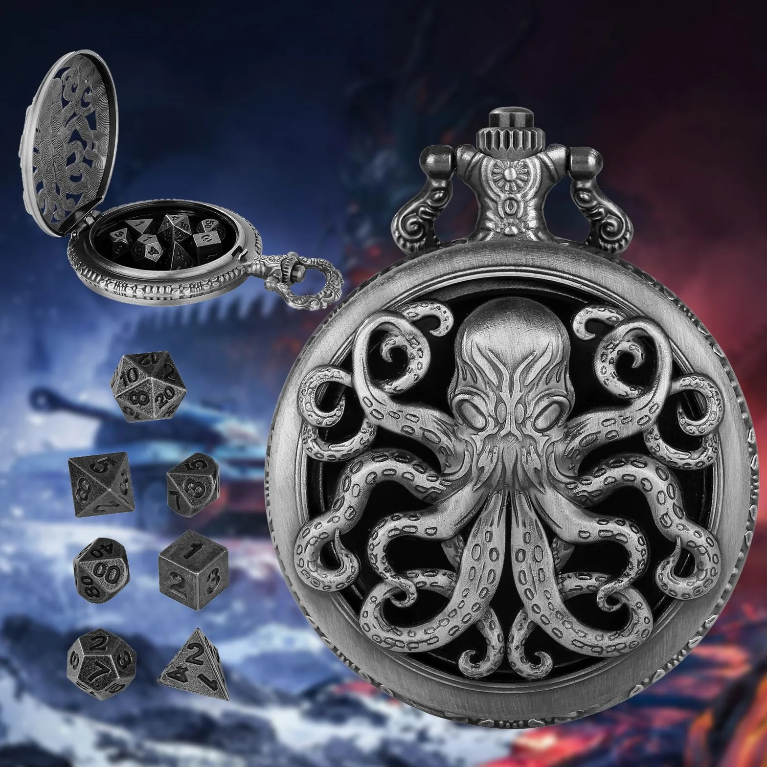 Mini gra w kości DND, DND gra w kości z wydrążonym Steampunk Ośmiornica Kieszonkowy zegarek