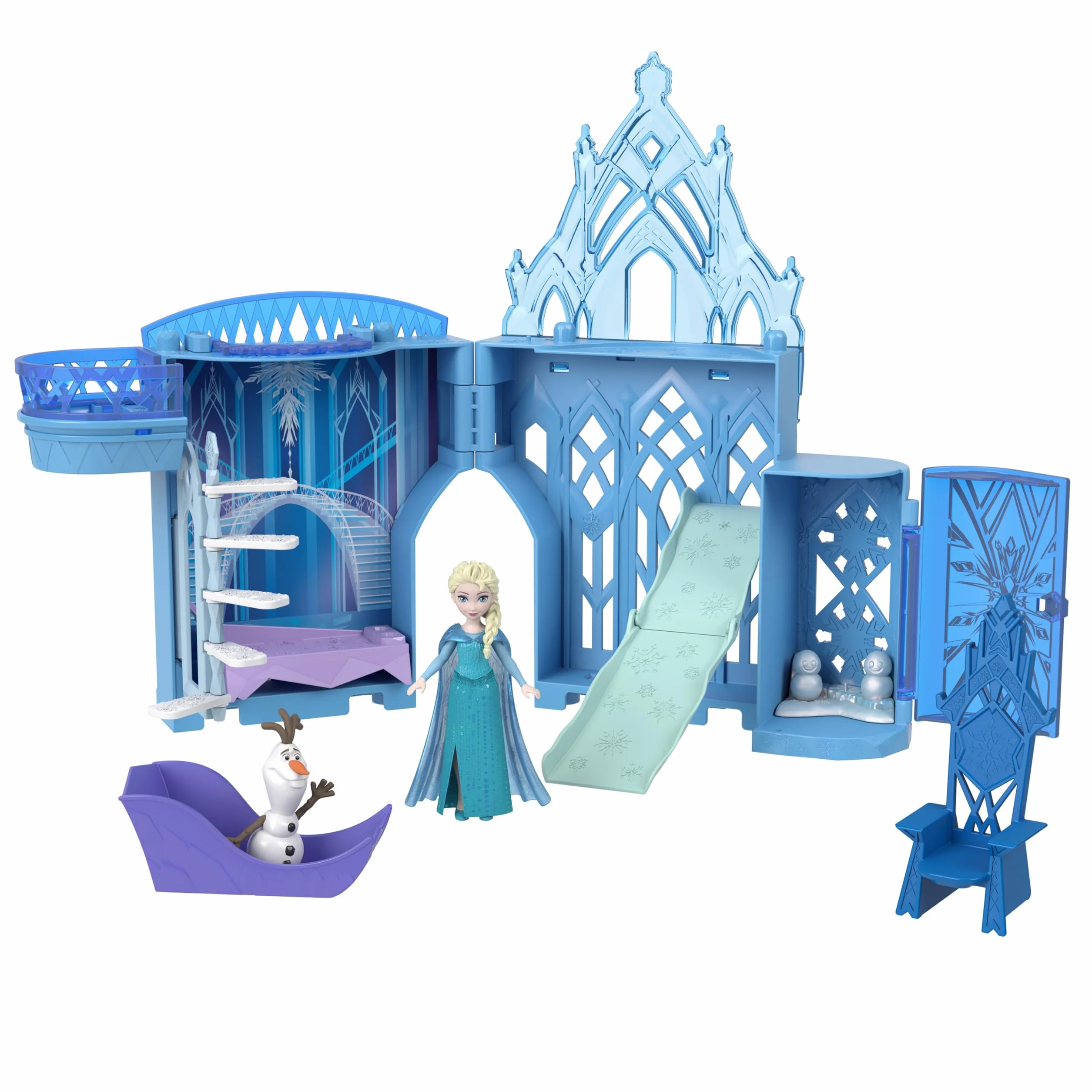 Disney Frozen Zamek Elsy + Mała lalka Zestaw pałacyk domek dla lalek, mała lalka Elsa, figurka Olaf i akcesoria, inspirowany filmami Disneya „Kraina lodu”, prezent i zabawka dla dzieci, JDP63