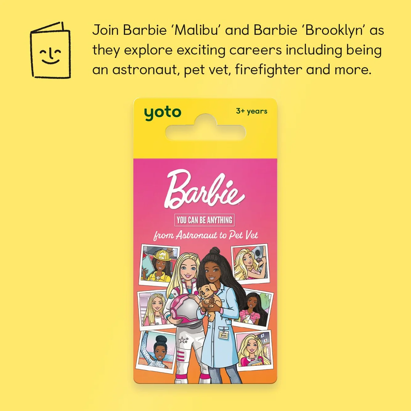 YOTO Barbie You Can Be Anything: od astronauty do weterynarza zwierząt domowych – karta dźwiękowa dla dzieci do użytku z odtwarzaczem i mini urządzeniem audio All–w-1, słuchanie bez ekranu, zabawa na