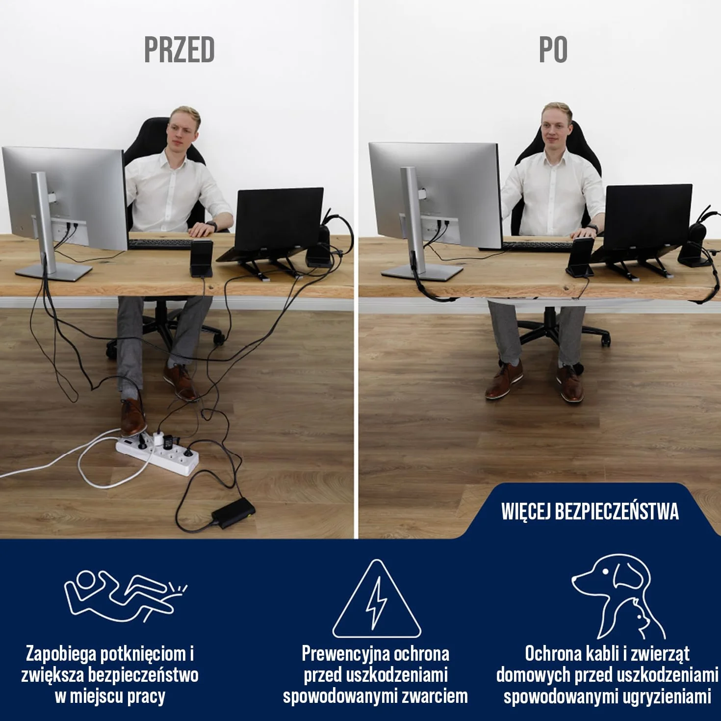 Korytko kablowe pod biurko - elastyczne zarządzanie kablami pod biurkiem białe - wreszcie porządek na biurku - siatka kablowa biała do zarządzania kablami pod biurkiem - Ultimate Setup