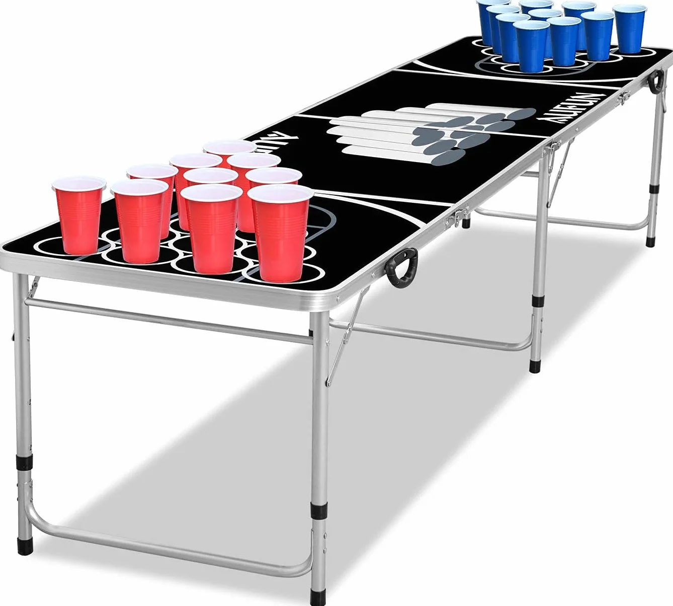 NW Beer Pong składany stół wraz z 100 kubkami (50 czerwonych i 50 niebieskich), 5 piłek, stół do ponga piwnego z regulacją wysokości, do gier imprezowych, gier do picia